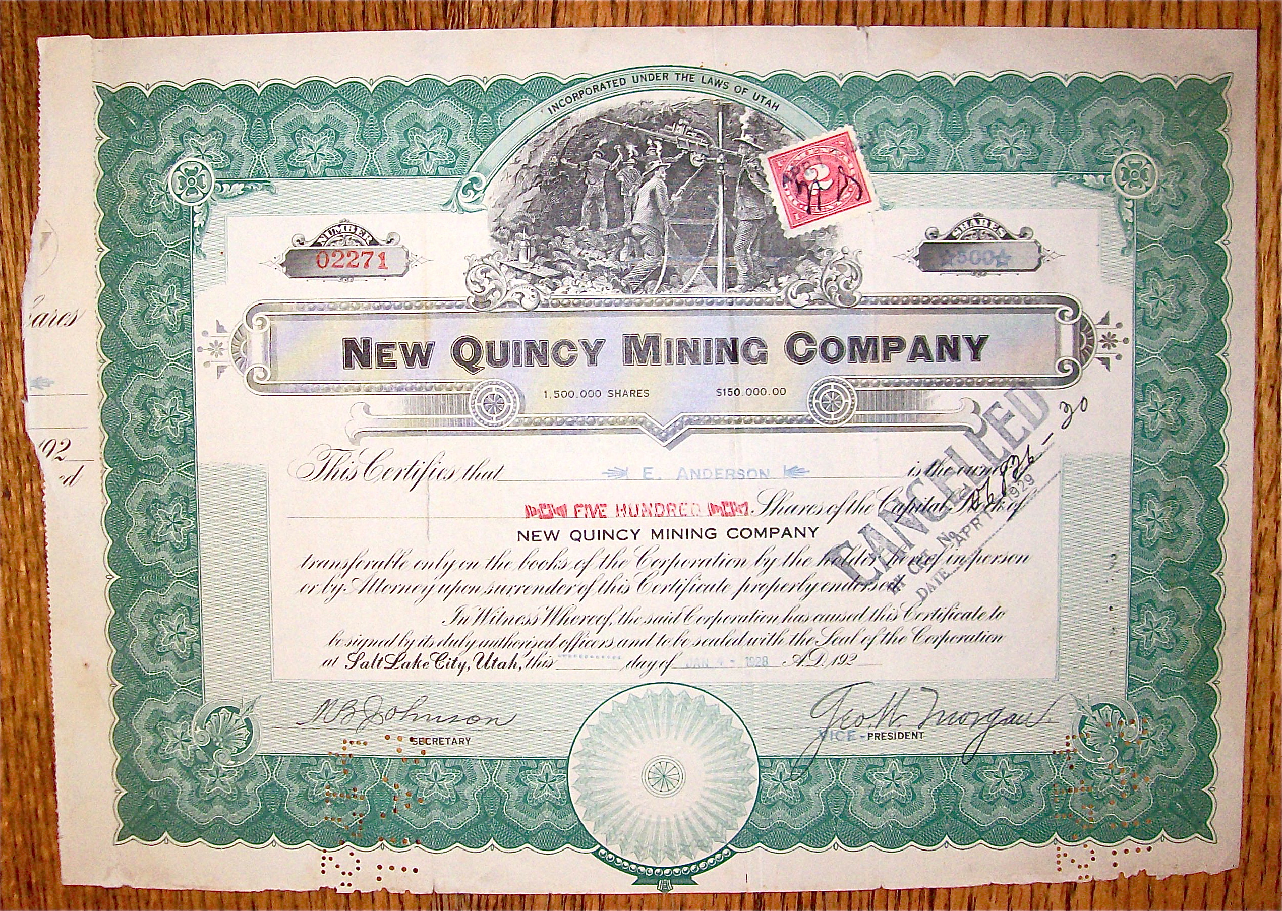 1920's New Quincy Mining Company Stock Certificate