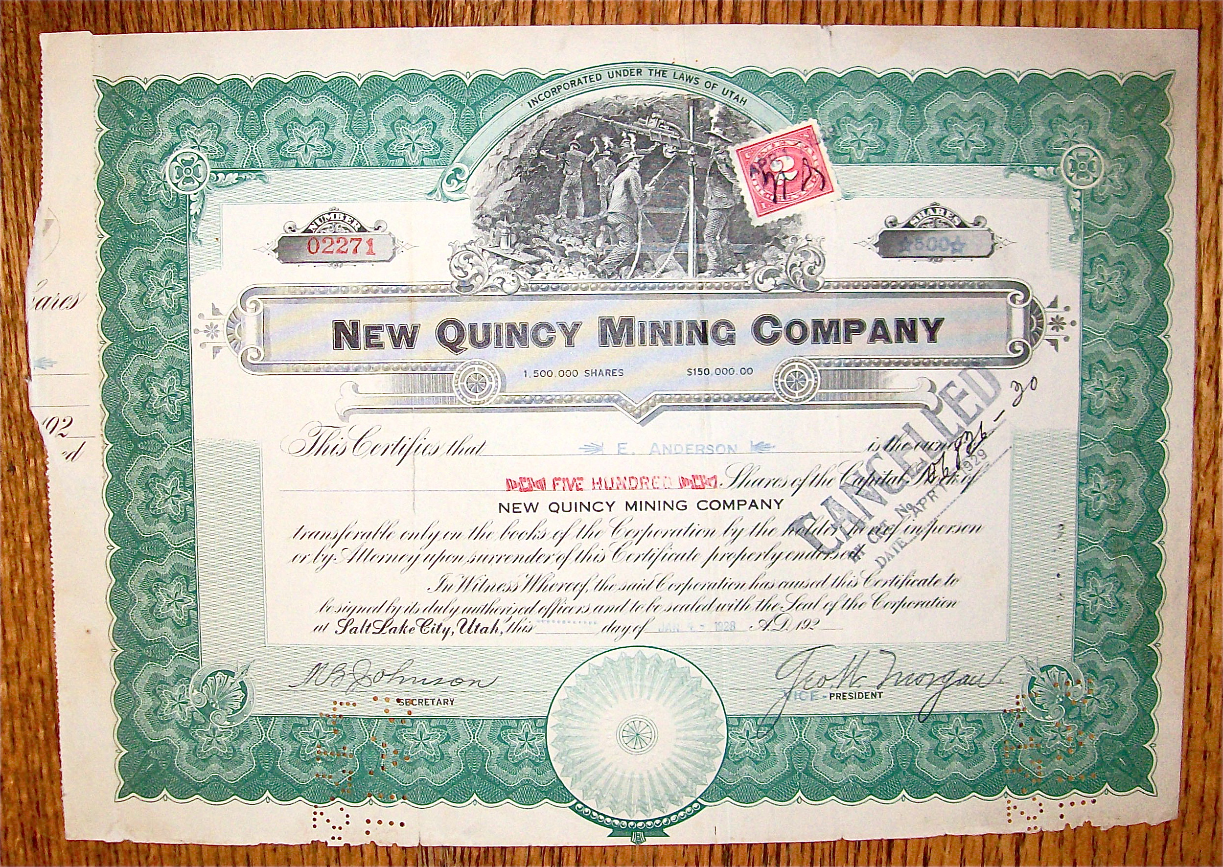 1920's New Quincy Mining Company Stock Certificate