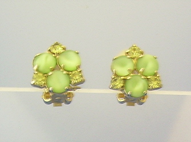 Claw Set Green Rhinestone  Cabochon Glass clip earrings