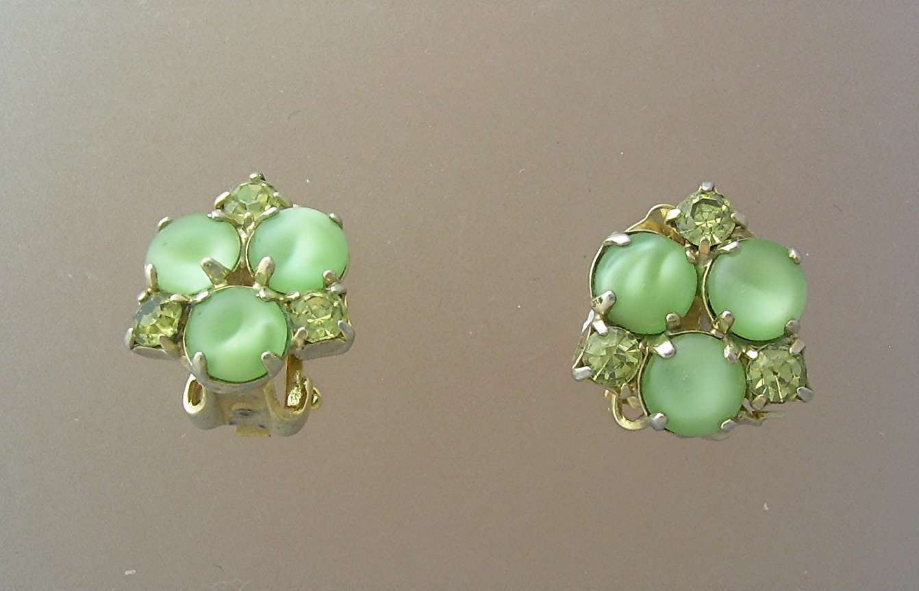 Claw Set Green Rhinestone  Cabochon Glass clip earrings