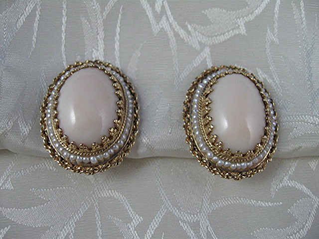 Earrings 14K Gold Angelskin Coral and  Seed Pearl Clip