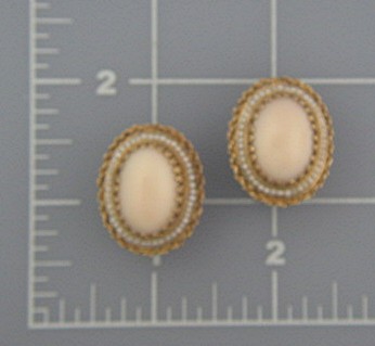 Earrings 14K Gold Angelskin Coral and  Seed Pearl Clip