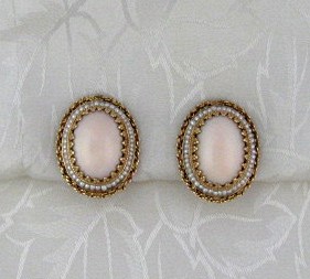 Earrings 14K Gold Angelskin Coral and  Seed Pearl Clip