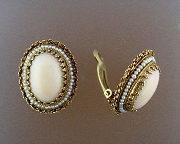 Earrings 14K Gold Angelskin Coral and Seed Pearl Clip