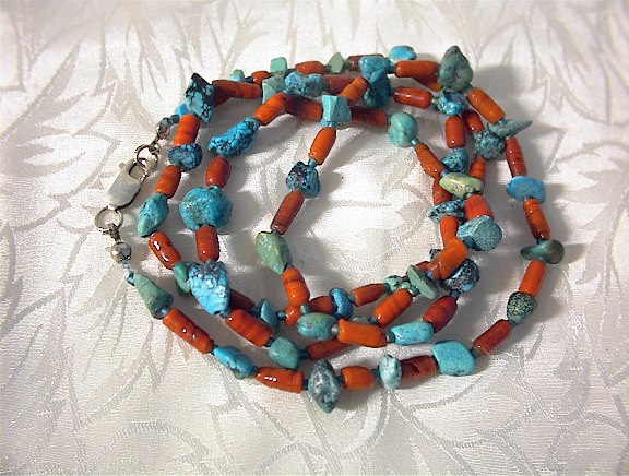 Turquoise & Natural  Coral Necklace 31 Inches