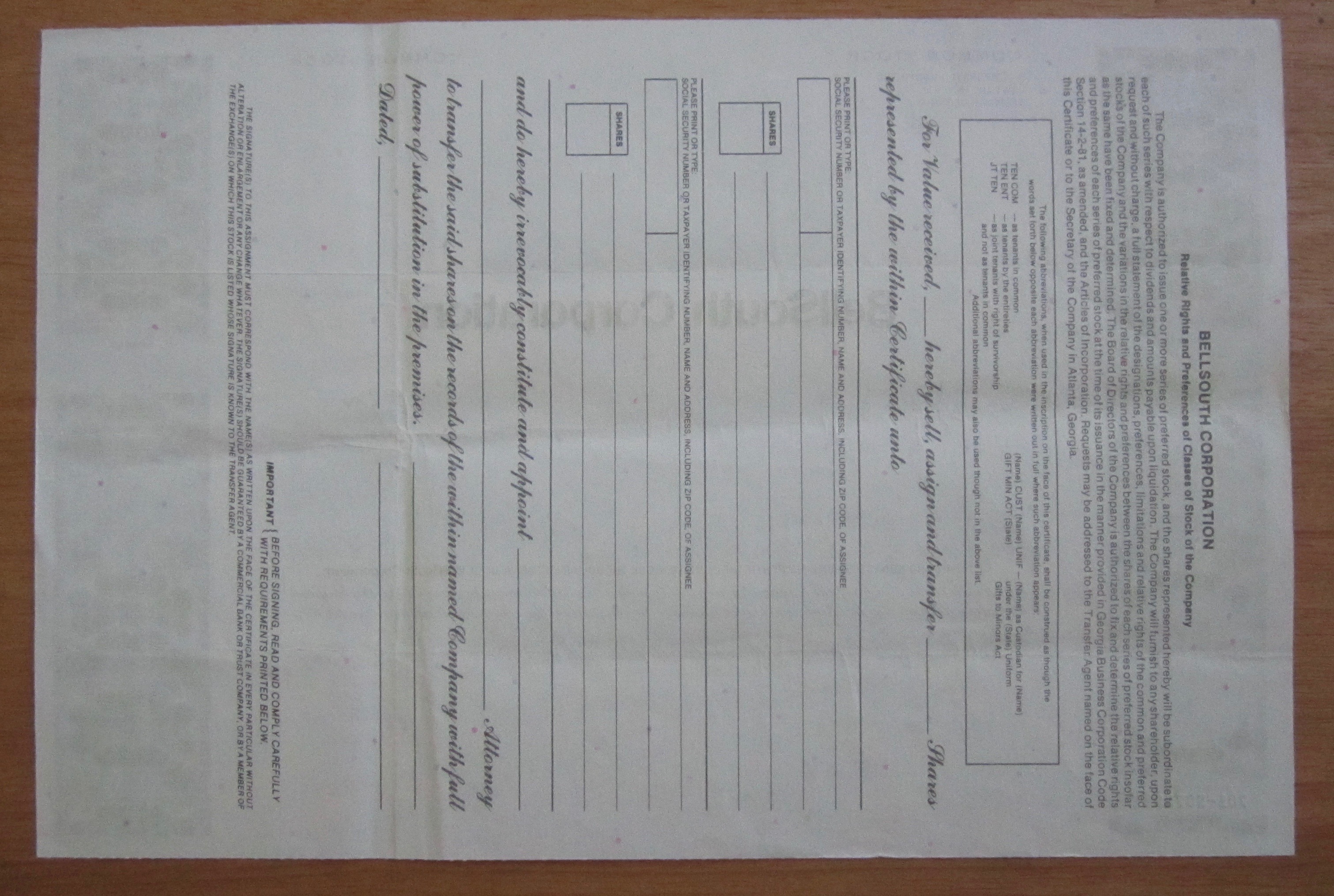 1987 Bell South Corporation Stock Certificate