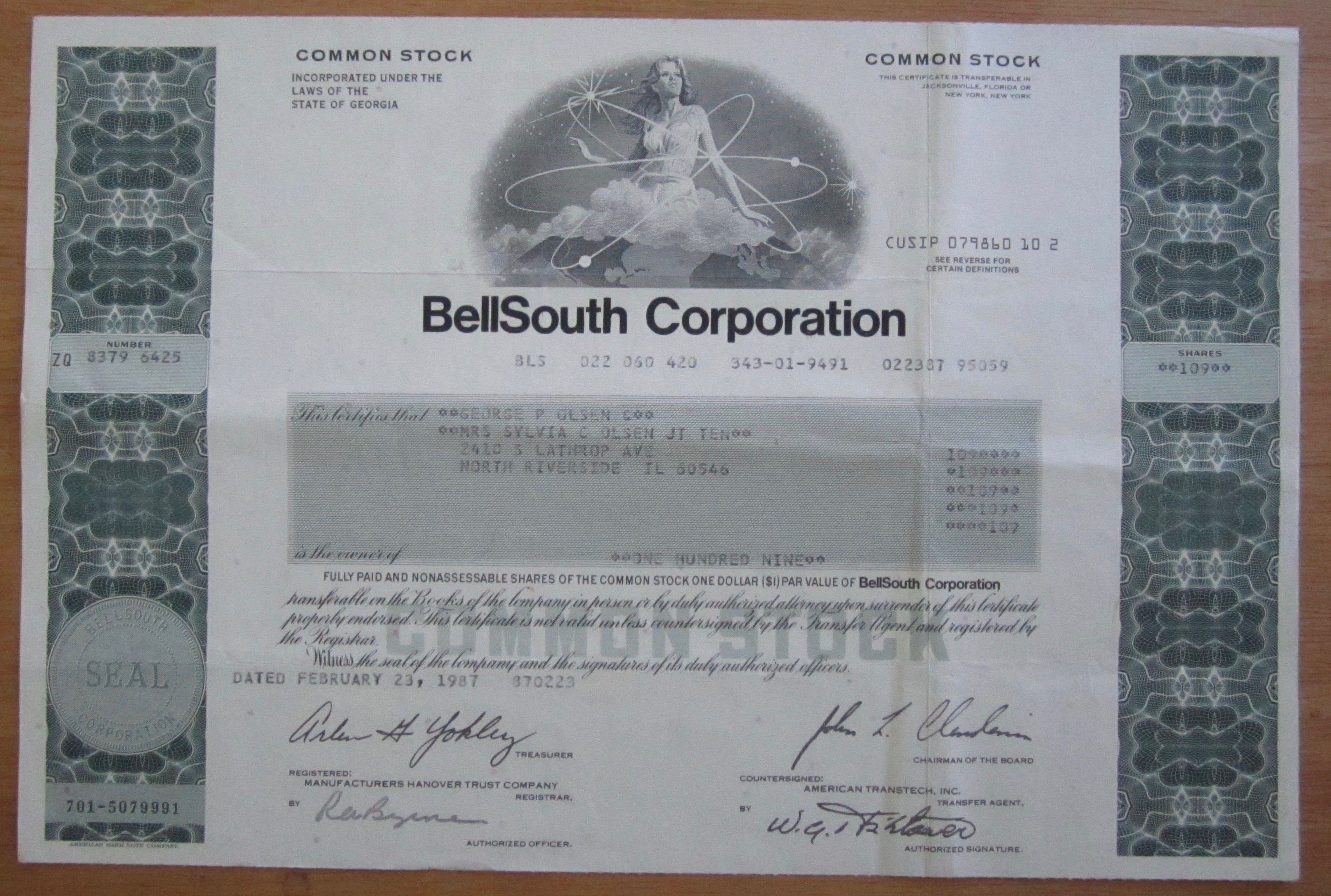 1987 Bell South Corporation Stock Certificate
