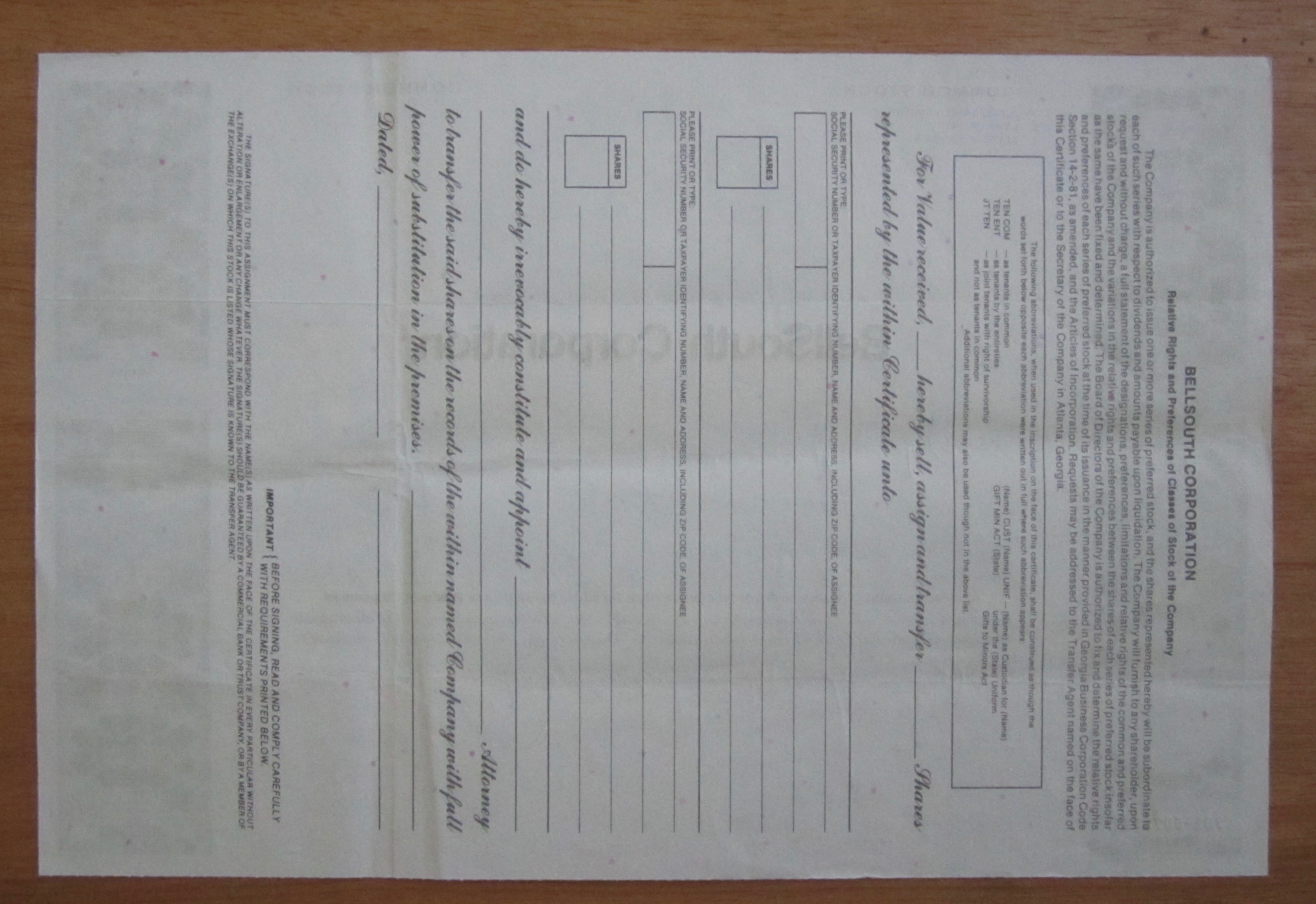 1987 Bell South Corporation Stock Certificate