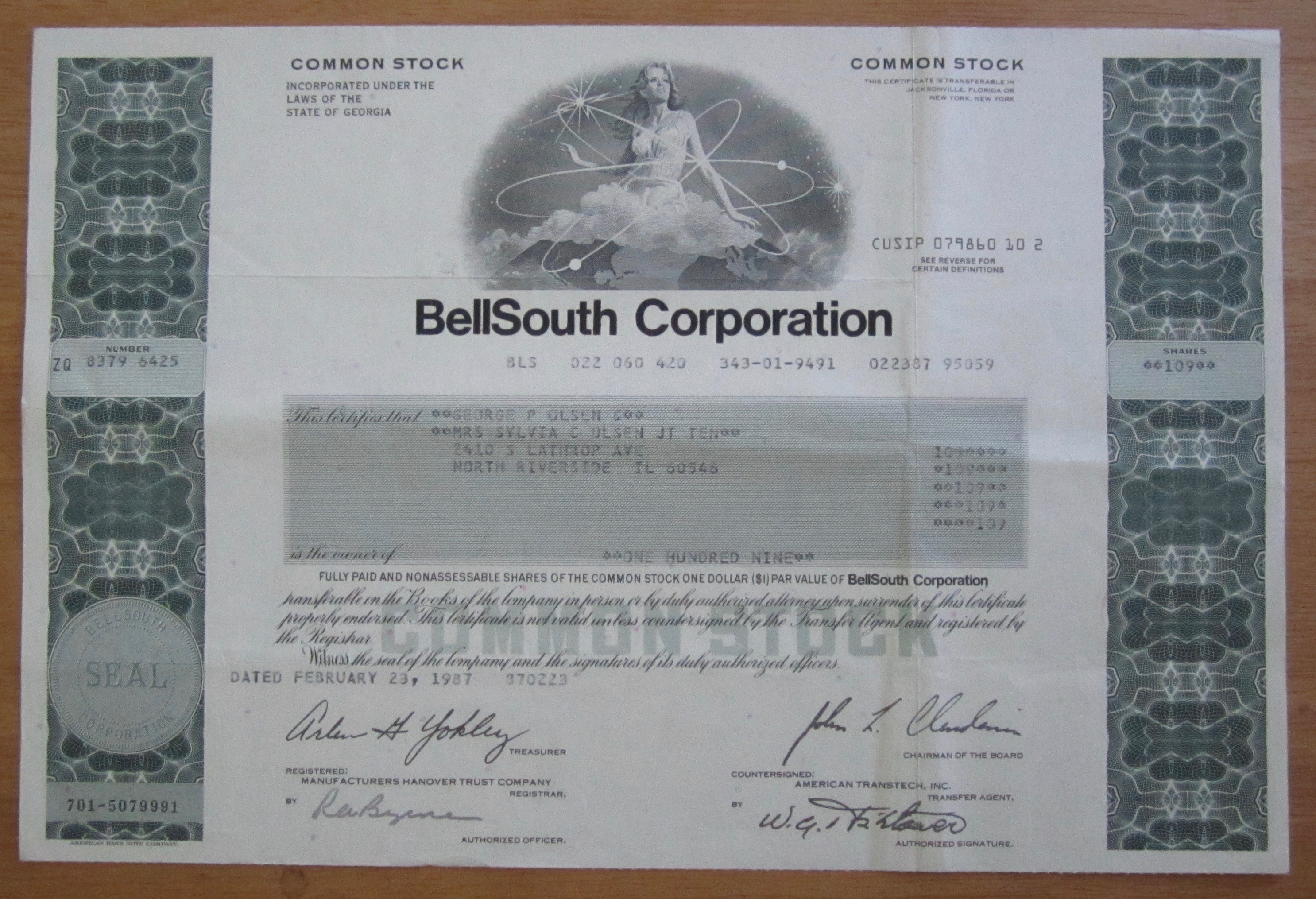 1987 Bell South Corporation Stock Certificate