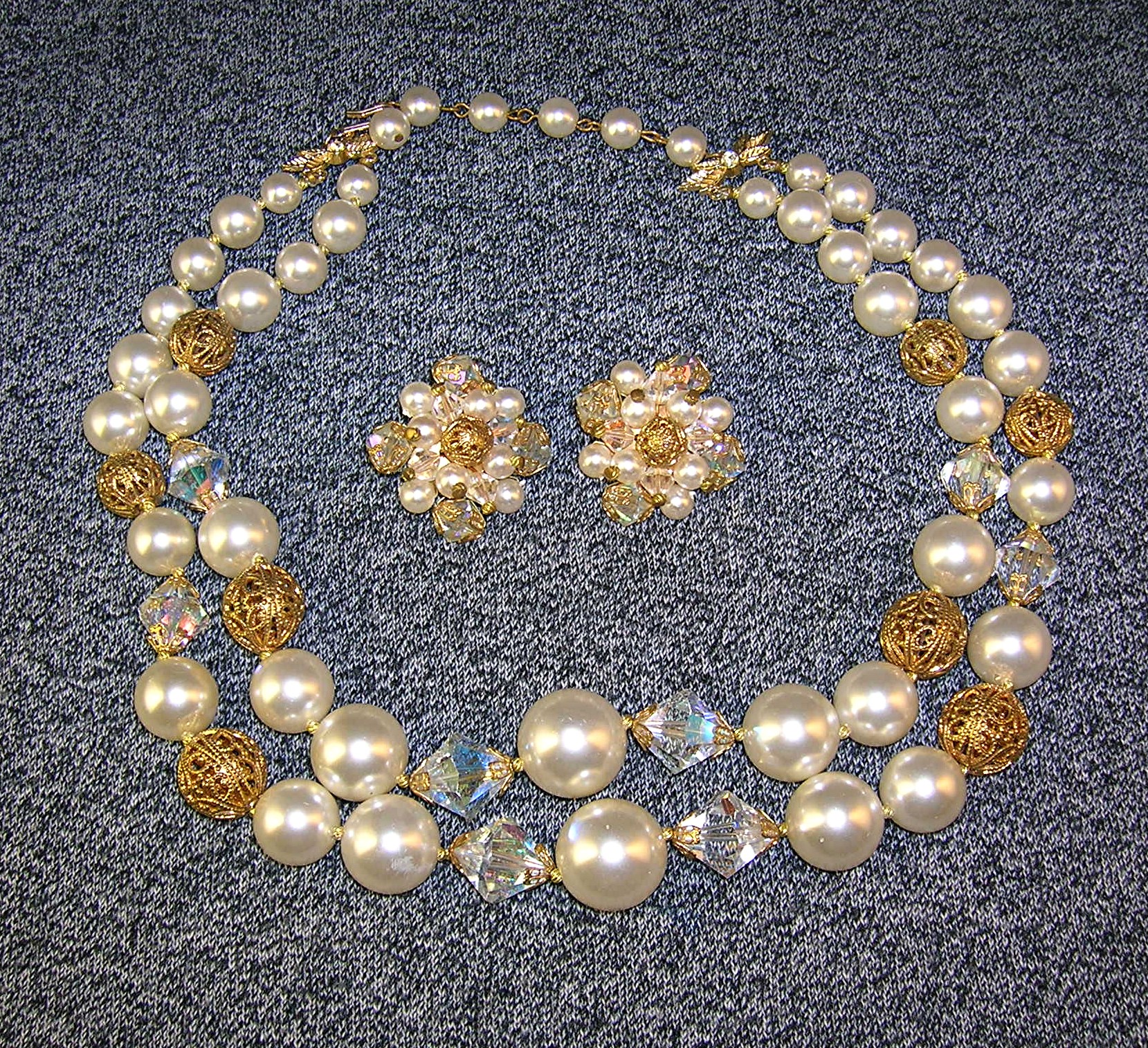 Faceted Glass &Pearl Necklace & Earrings