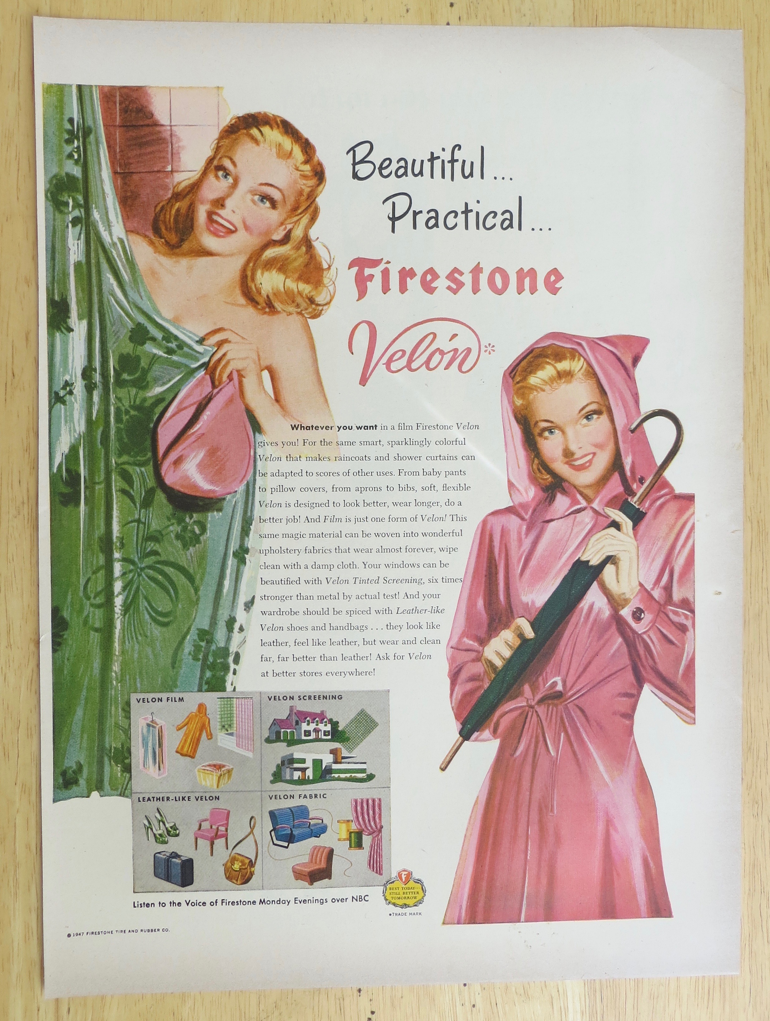 1947 Firestone Velon w/Woman In Shower & in Raincoat
