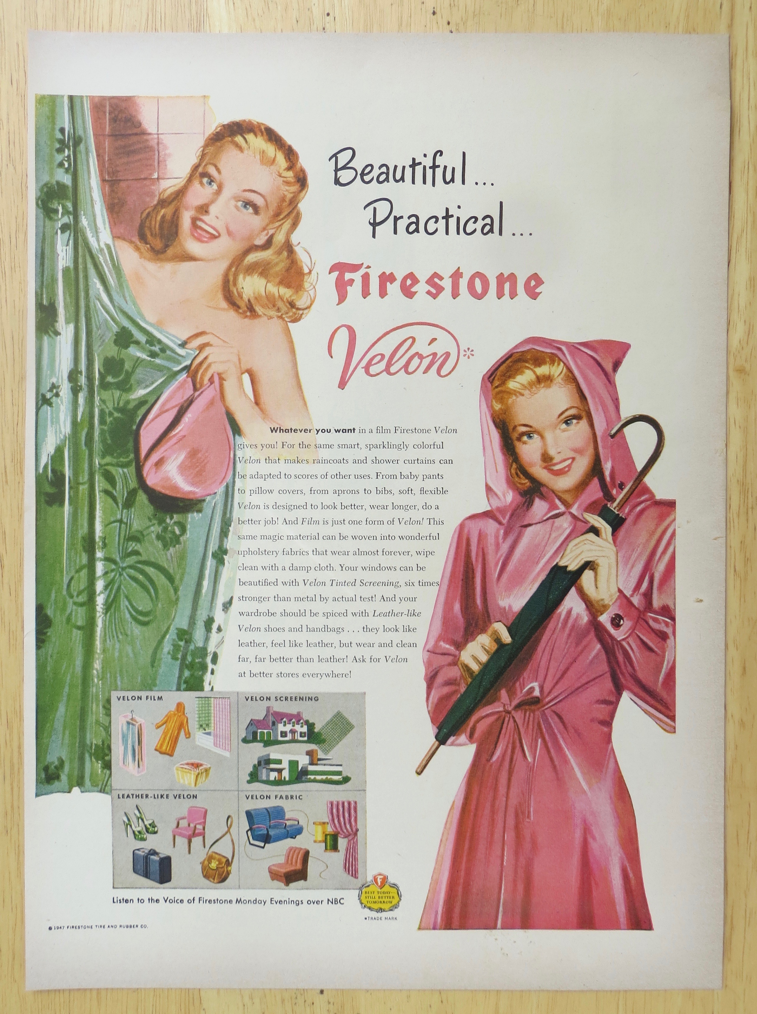 1947 Firestone Velon w/Woman In Shower & in Raincoat