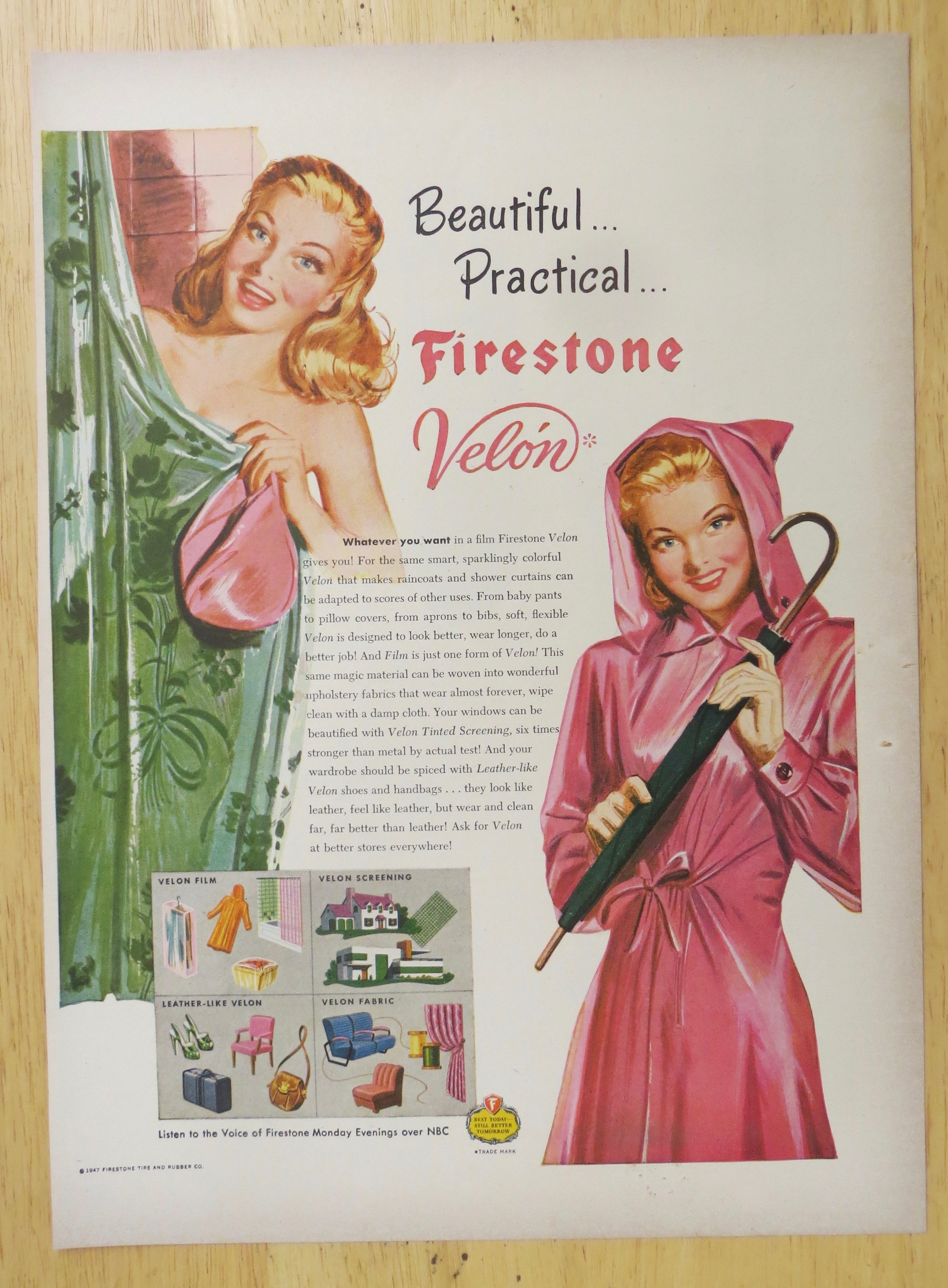 1947 Firestone Velon w/Woman In Shower & in Raincoat