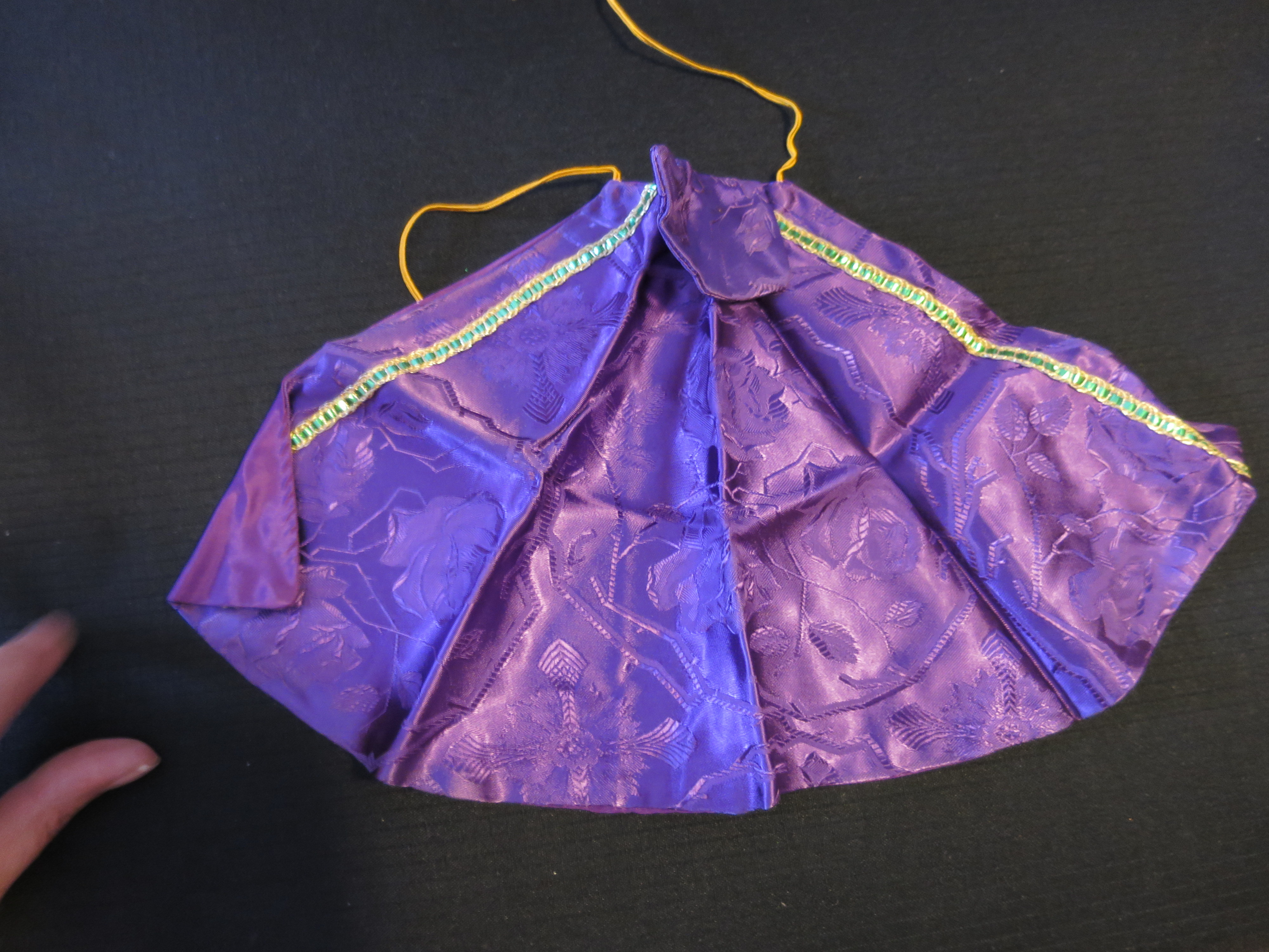 Vintage Doll Cape Green Satin Gold Trim no tag 8 inch