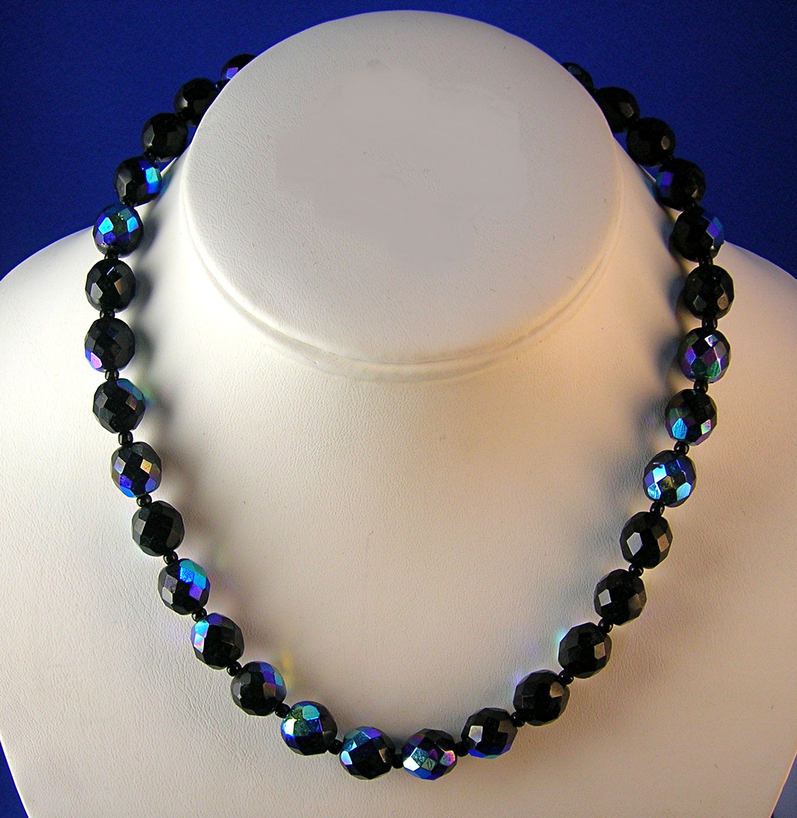 Bead necklace, blue black irridescent faceted glass