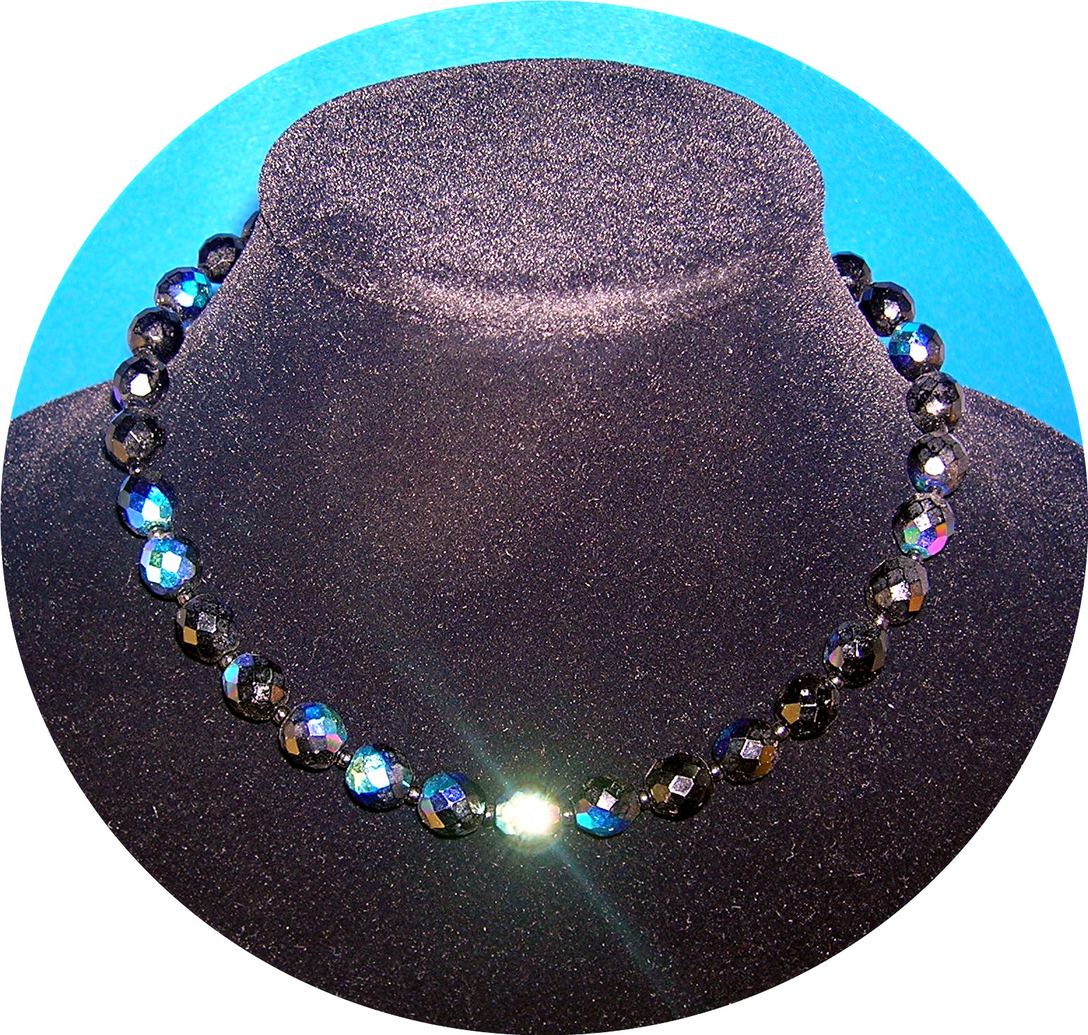 Bead necklace, blue black irridescent  faceted glass