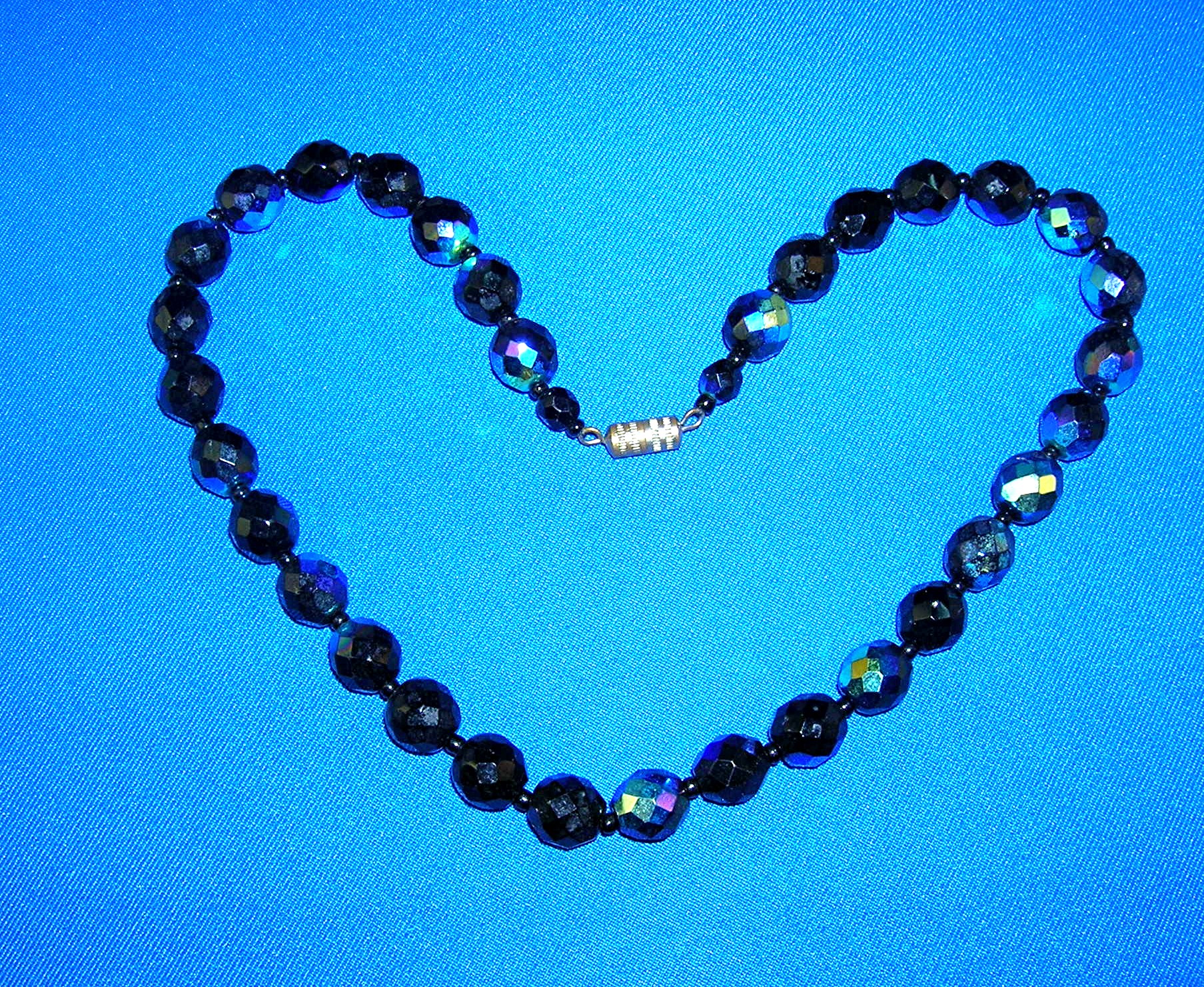 Bead necklace, blue black irridescent  faceted glass