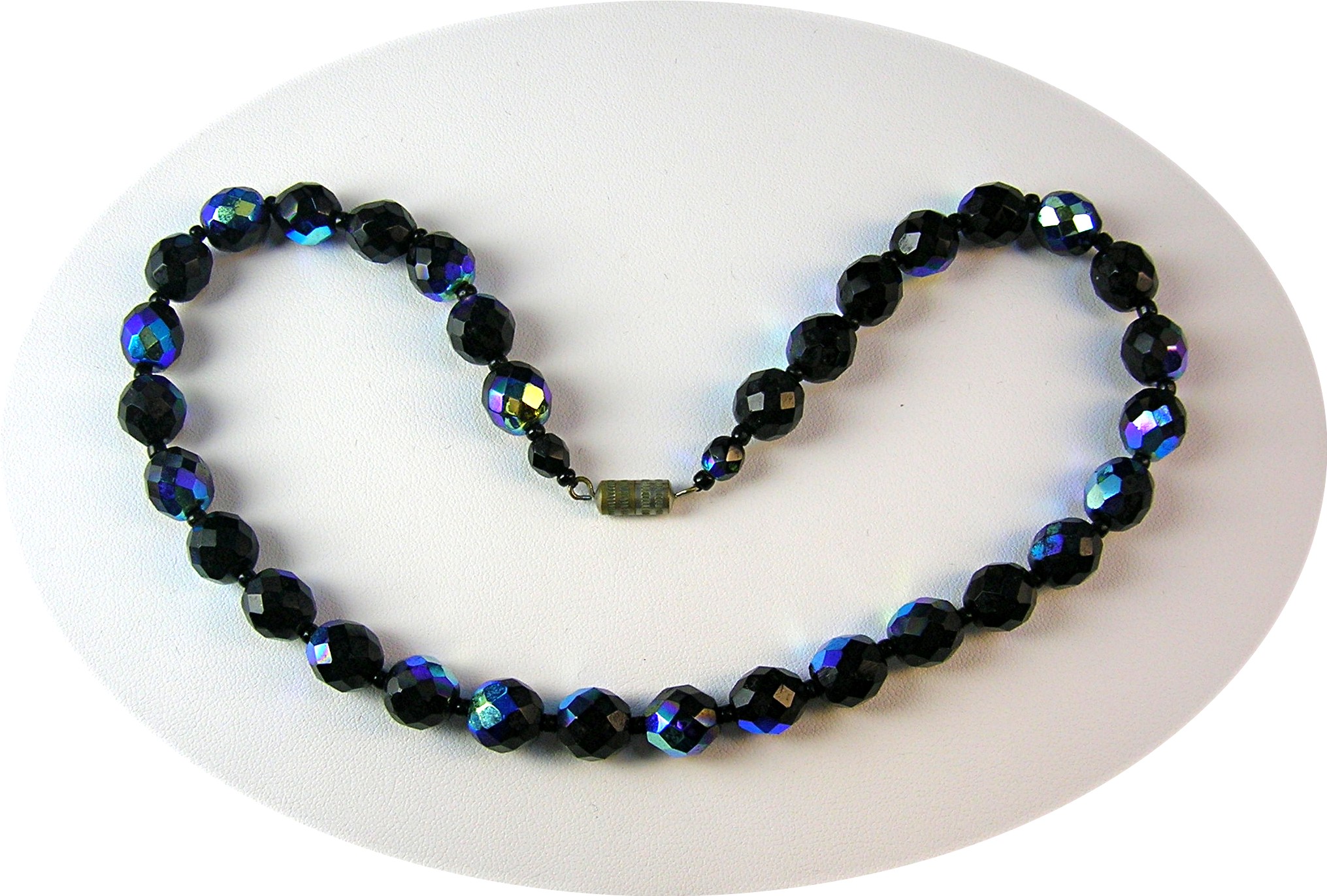 Bead necklace, blue black irridescent  faceted glass