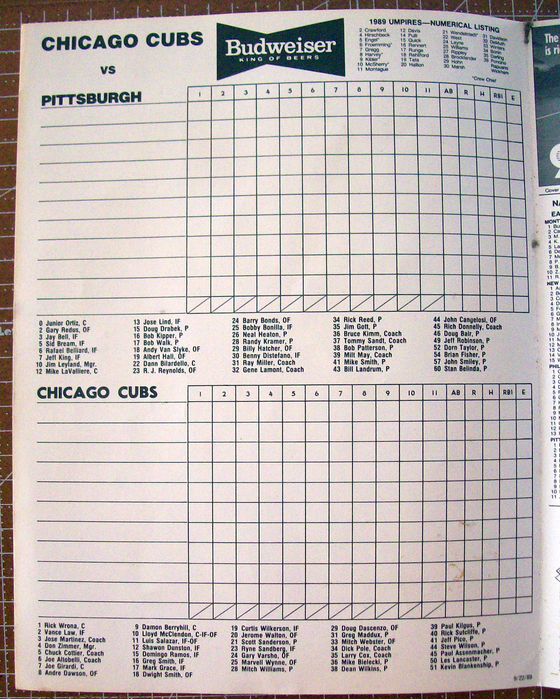 Chicago Cubs Official Scorecard 1989 Pittsburgh