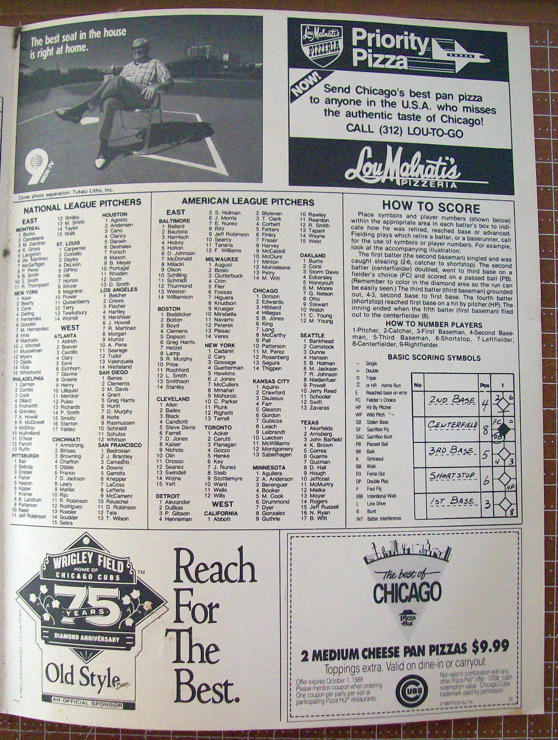 Chicago Cubs Official Scorecard 1989 Pittsburgh