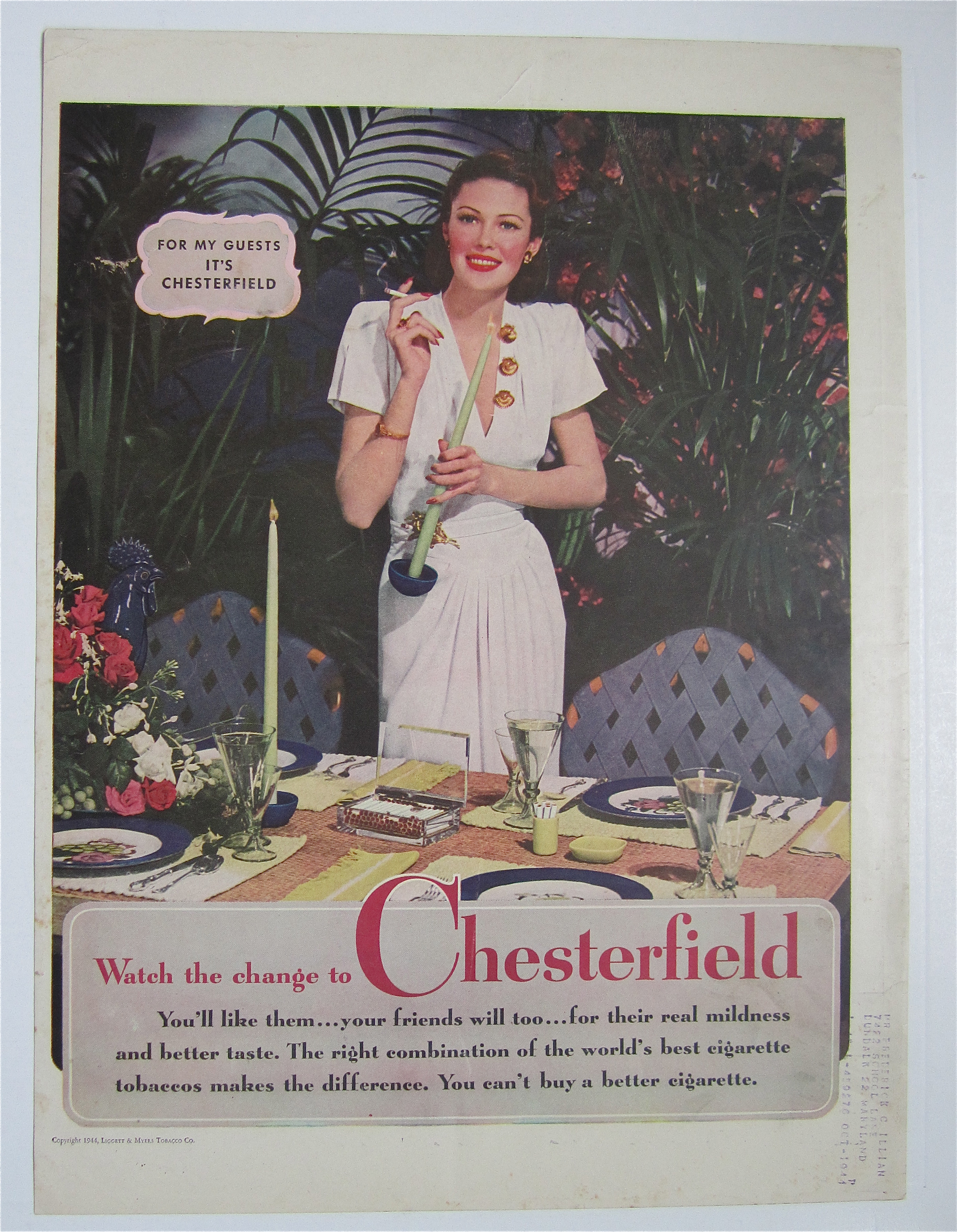 1944 Chesterfield Cigarettes with Woman Smoking