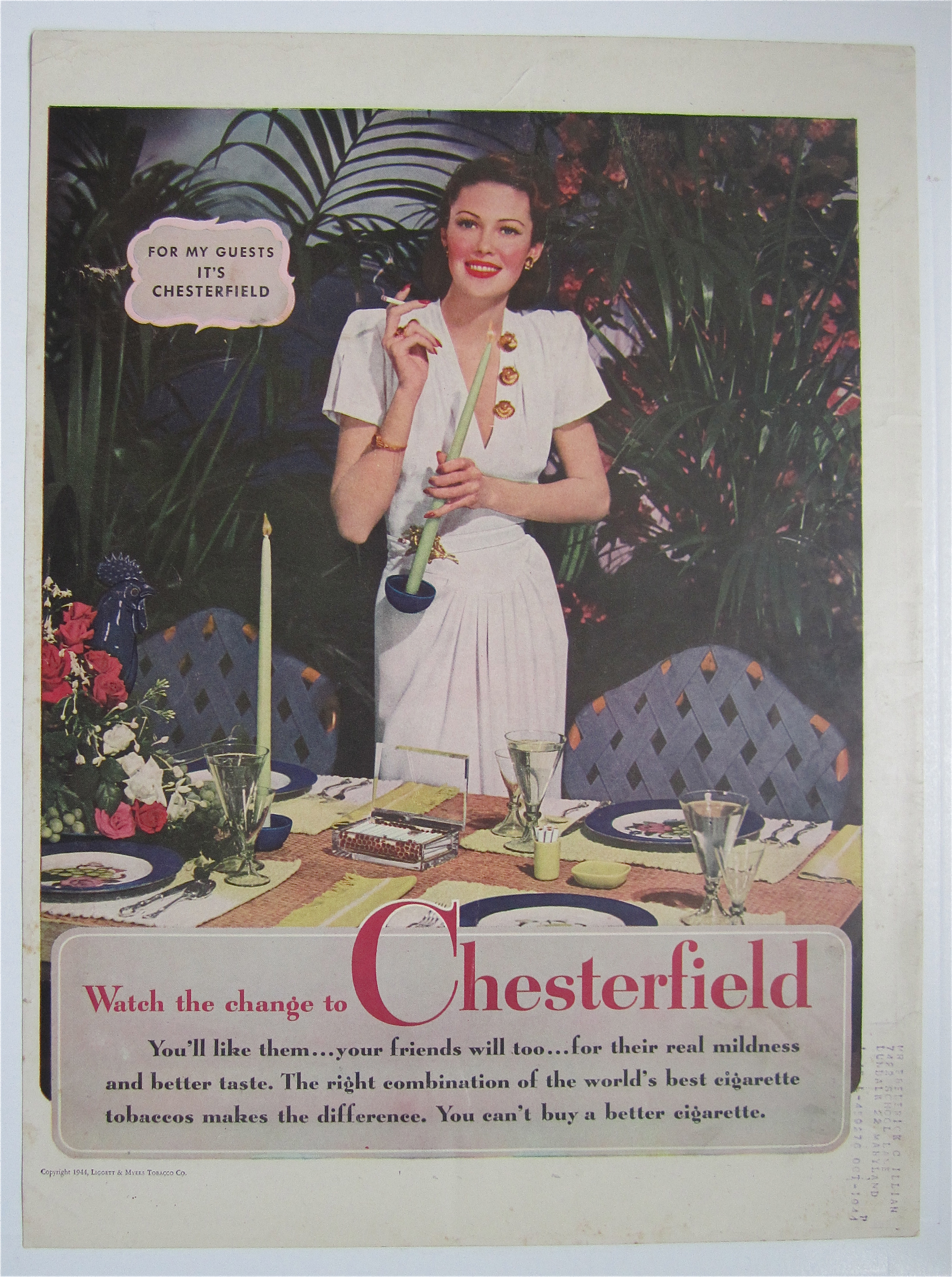 1944 Chesterfield Cigarettes with Woman Smoking