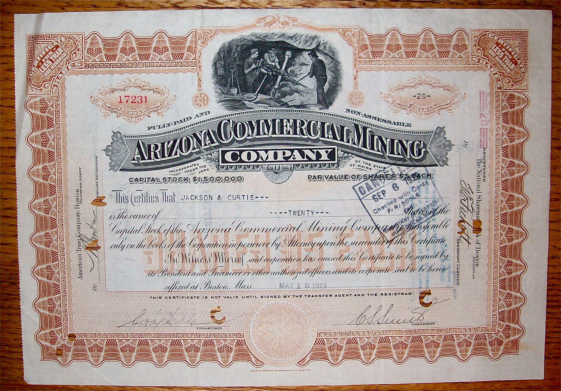 1923 Arizona Commercial Mining Co Stock Certificate