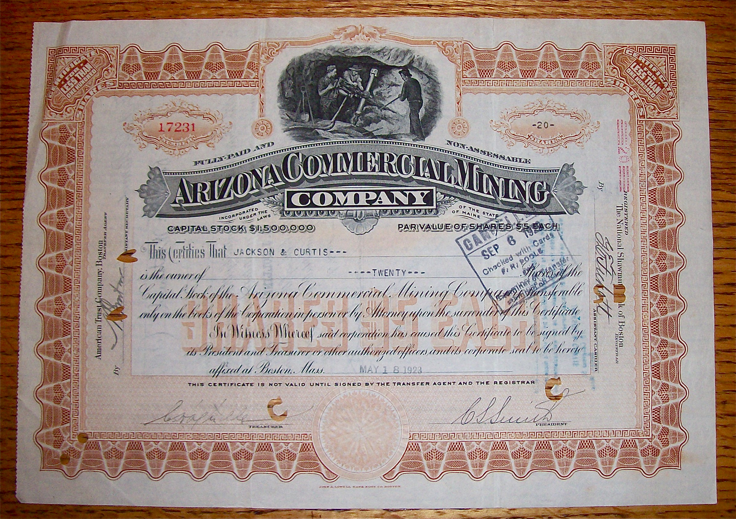 1923 Arizona Commercial Mining Co Stock Certificate