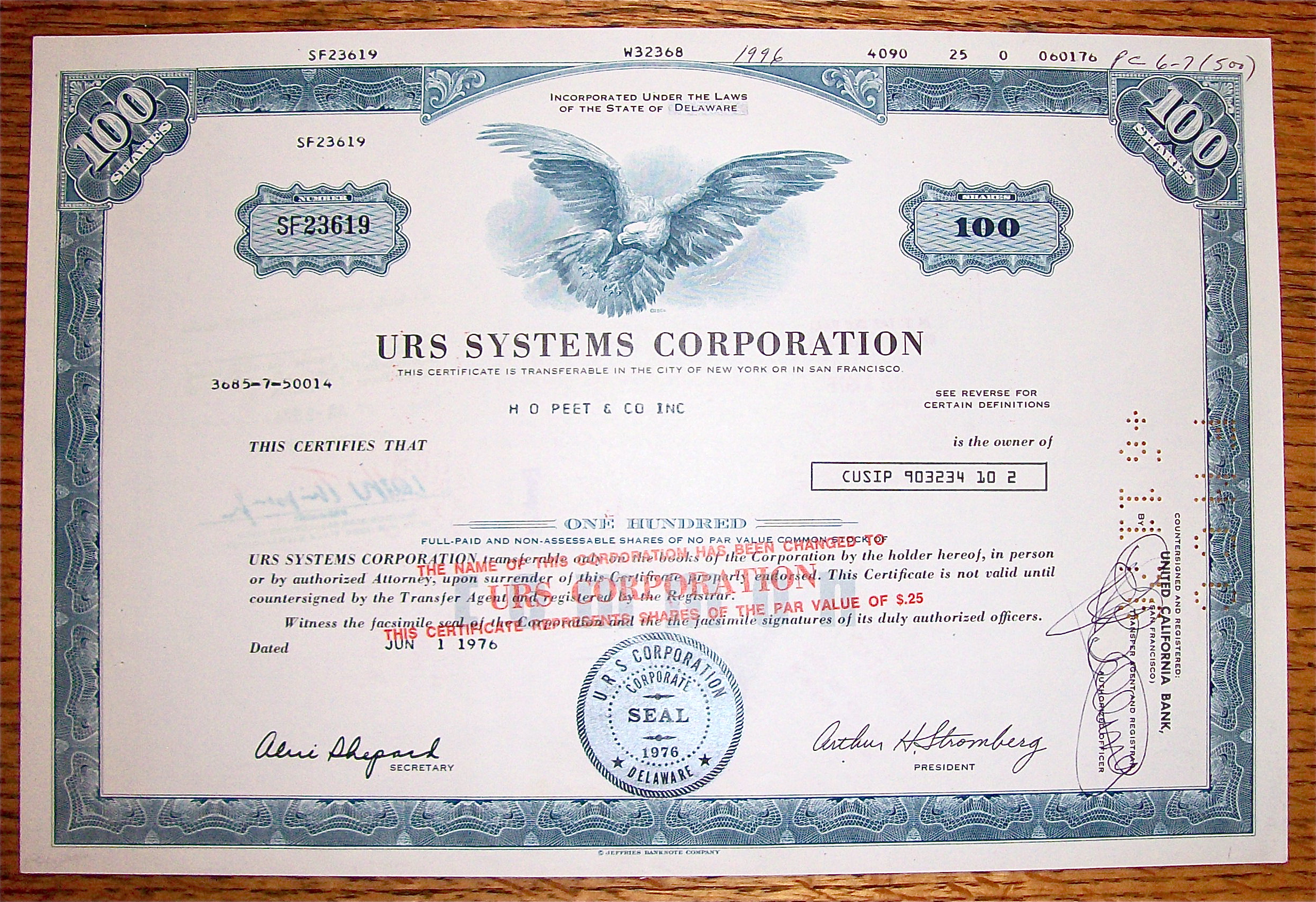 1976 URS Systems Corporation 100 Shares Stock