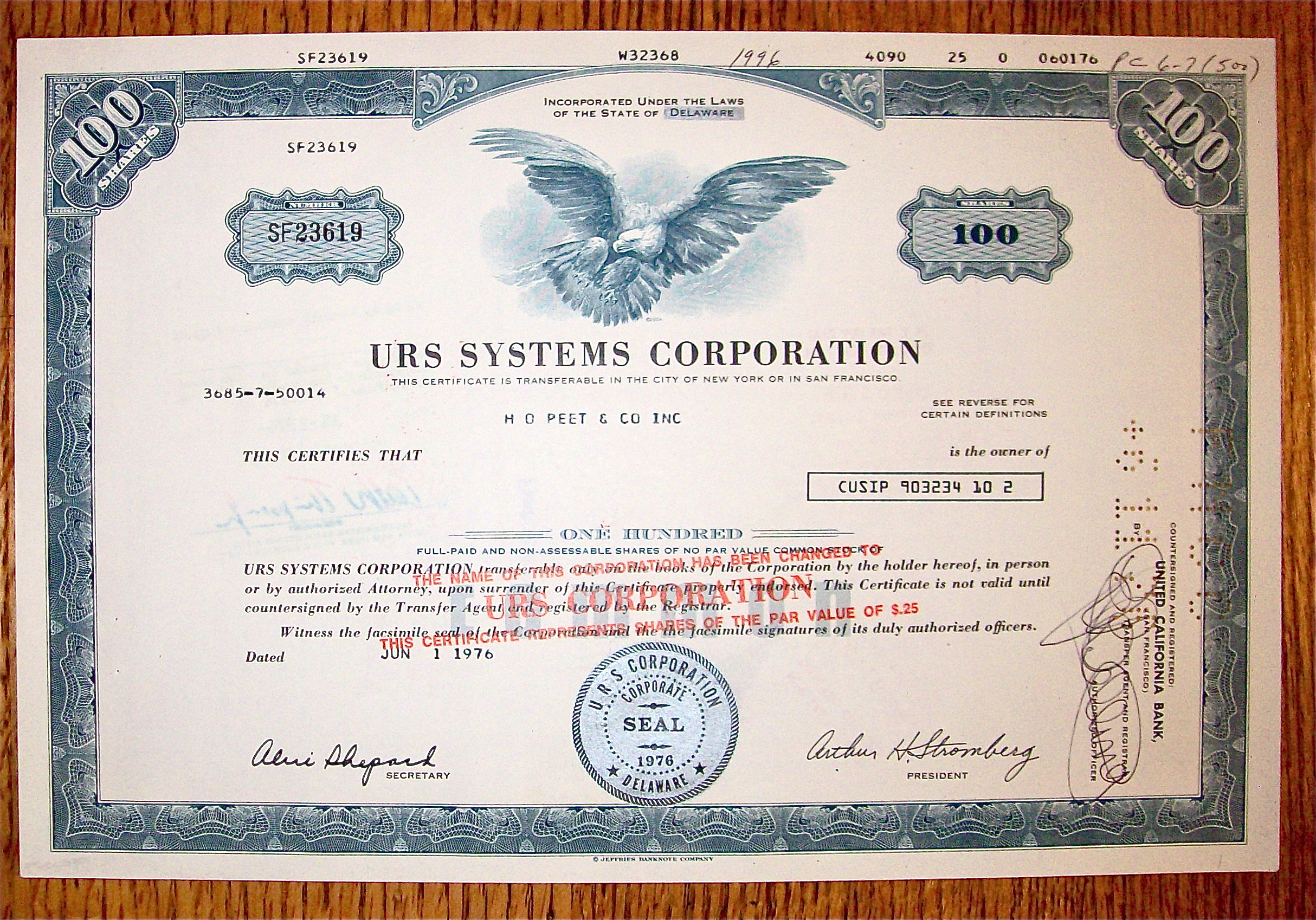 1976 URS Systems Corporation 100 Shares Stock