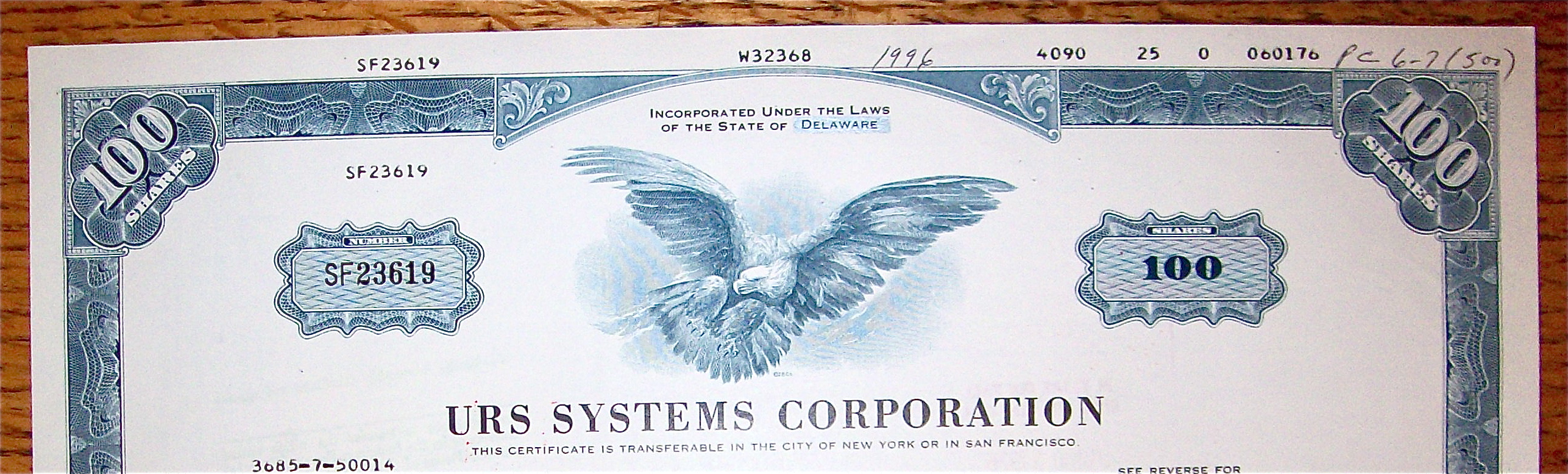 1976 URS Systems Corporation 100 Shares Stock