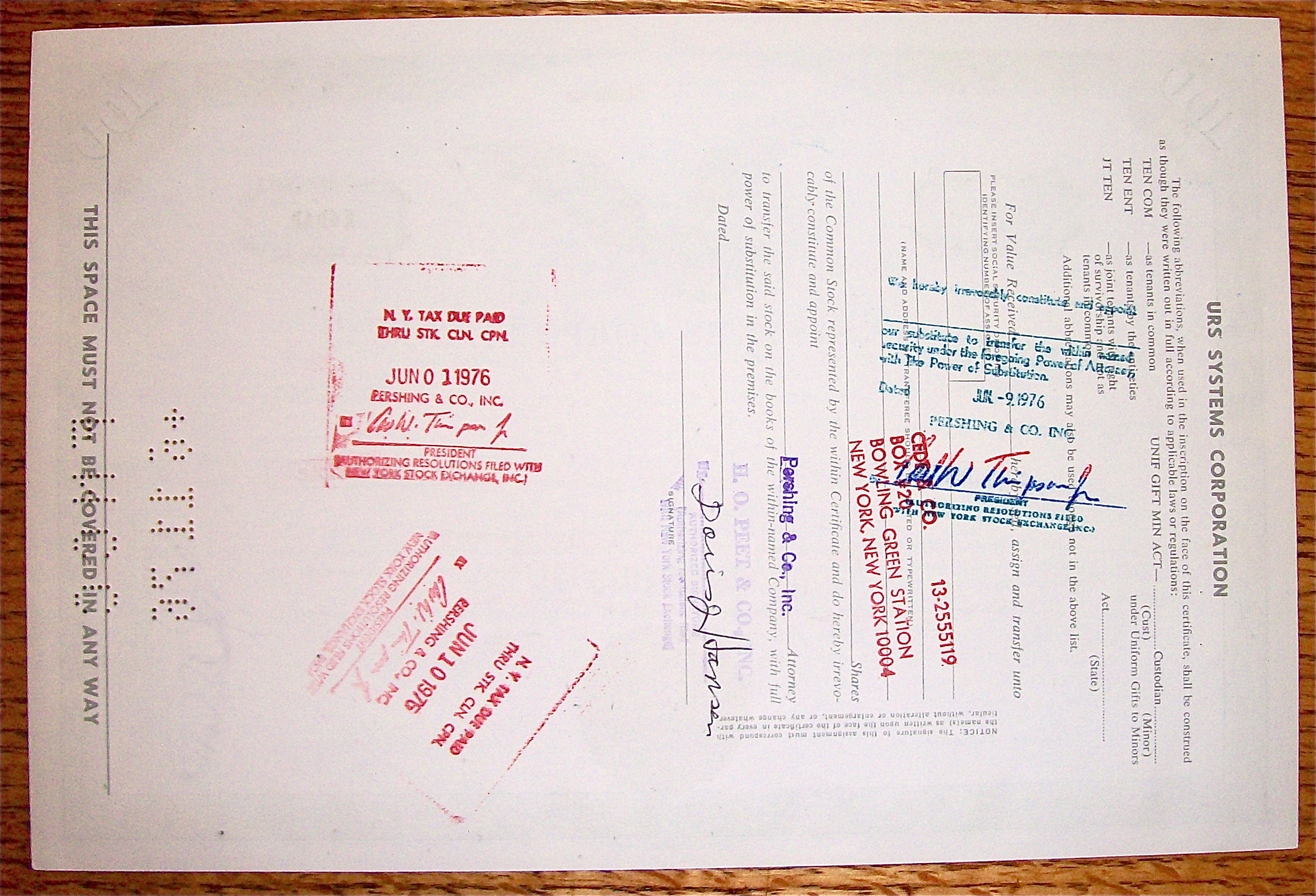1976 URS Systems Corporation 100 Shares Stock