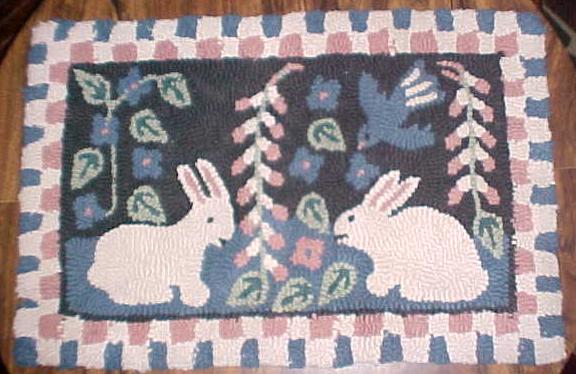 Primitive Hooked Rug Rabbets & Birds
