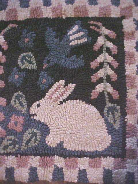 Primitive Hooked Rug Rabbets & Birds