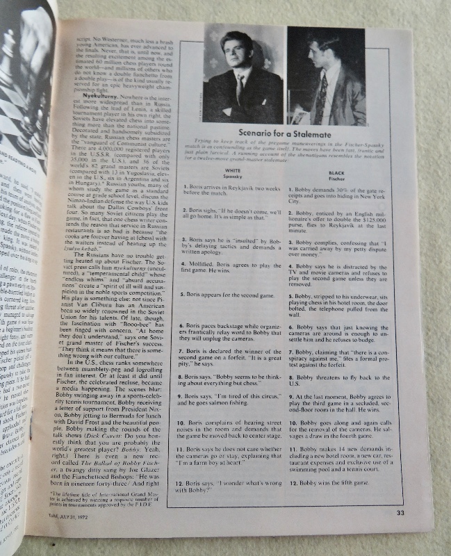 Time Magazine July 31, 1972 The Big Chess Battle: Knight-Errant v. King Spassky Fischer