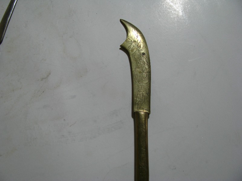 Vintage Brass Asian Dragon Engraved Guan Dao Crescent Blade Letter Opener