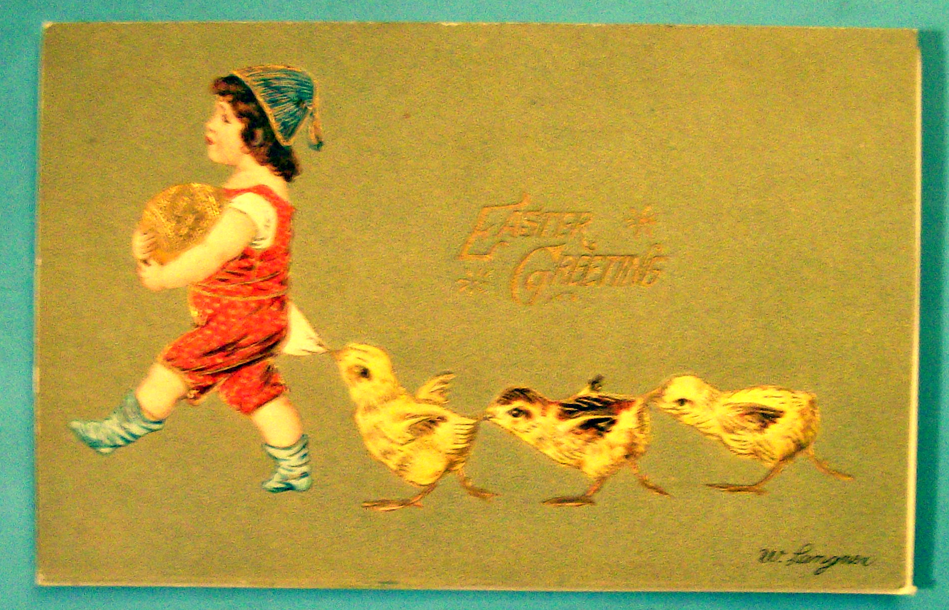 Easter Greetings Postcard w/Boy & 3 Chicks