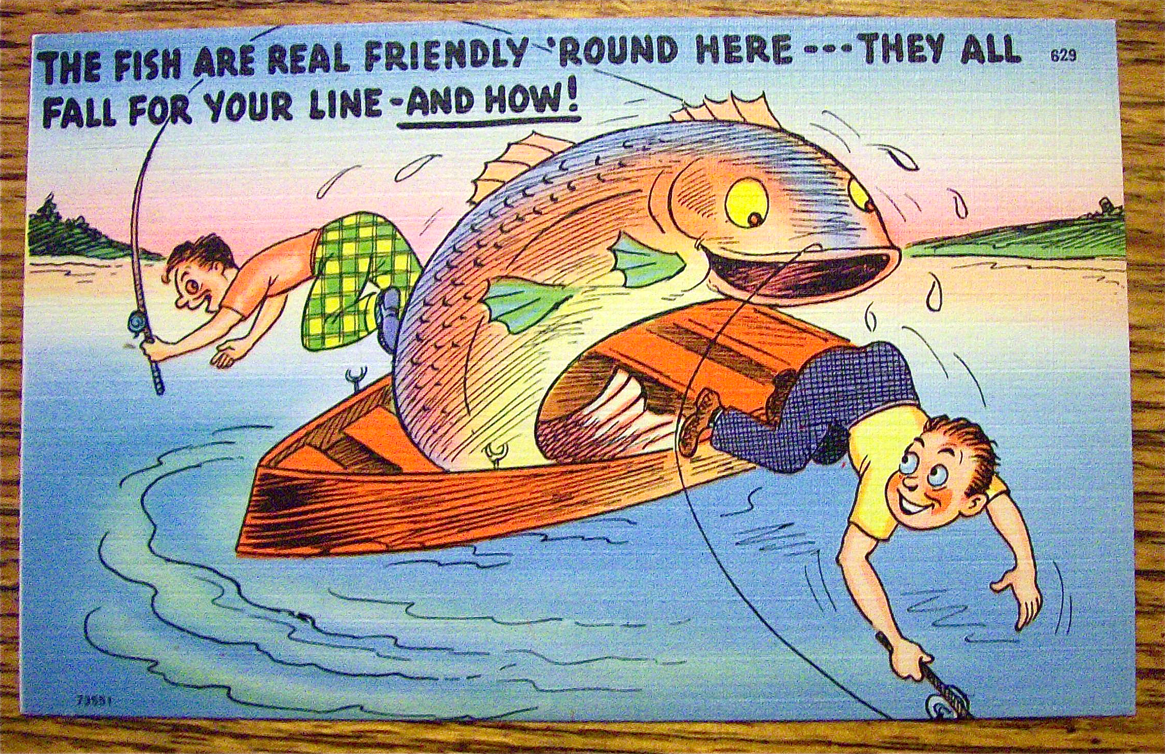 Big Fish Pushing Two Men Out Of Their Boat Postcard