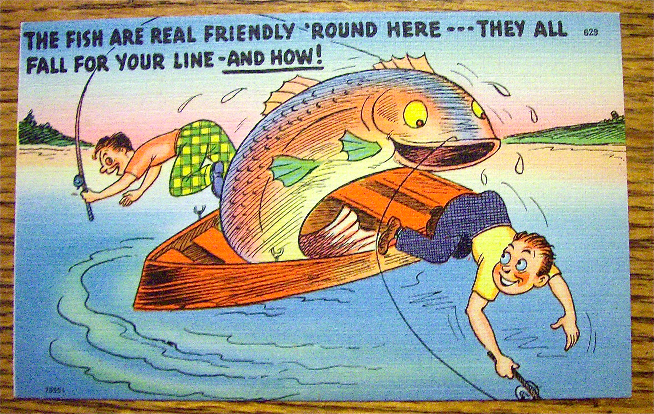 Big Fish Pushing Two Men Out Of Their Boat Postcard