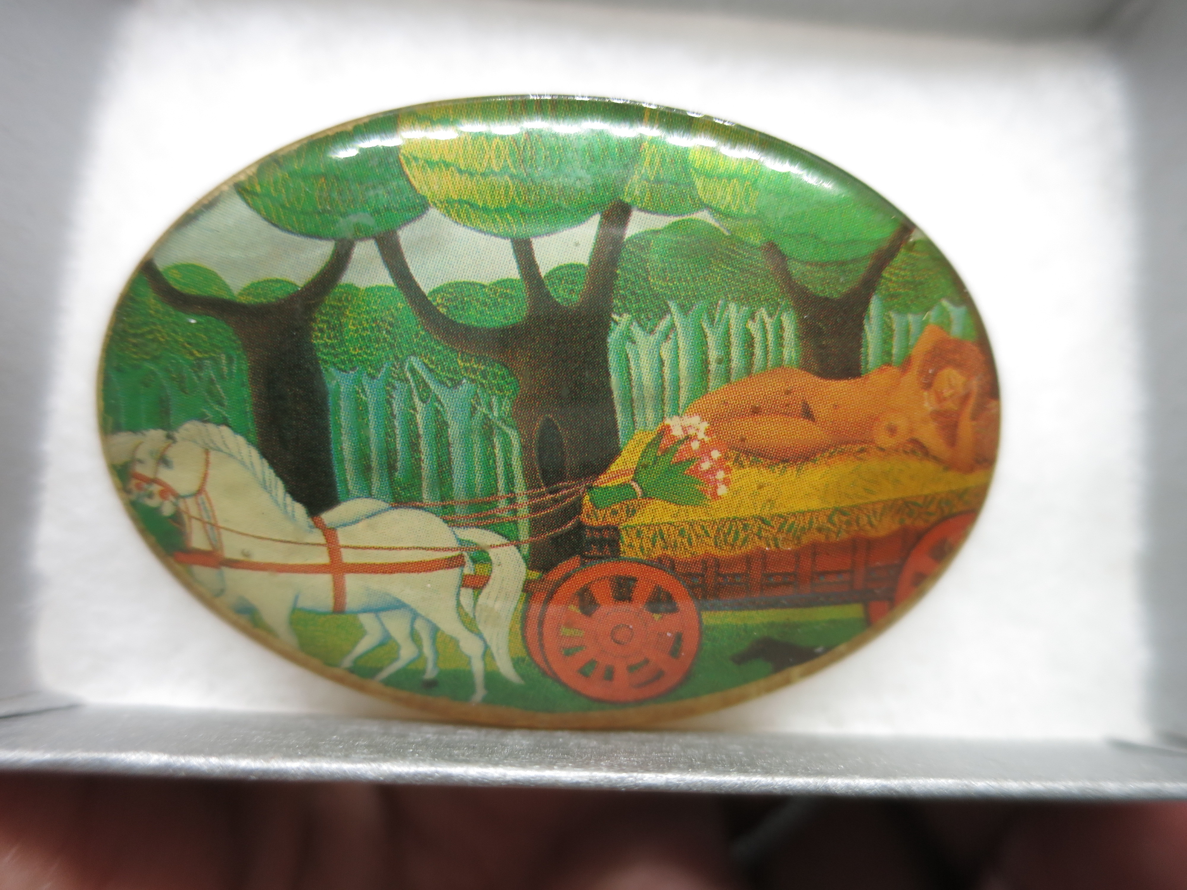 Risque Nude Naked Lady Brooch on White Horse Drawn Hay Wagon