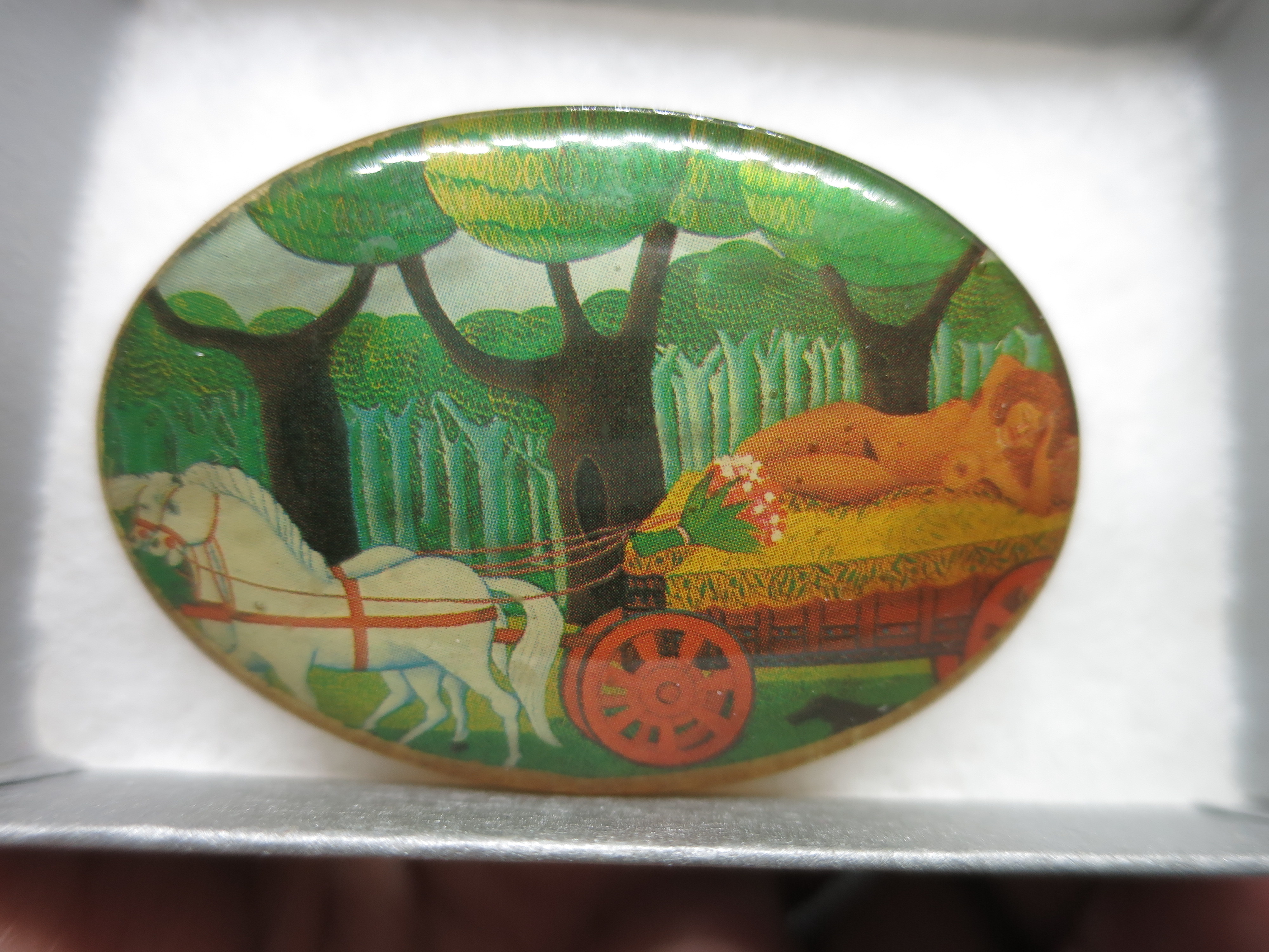 Risque Nude Naked Lady Brooch on White Horse Drawn Hay Wagon