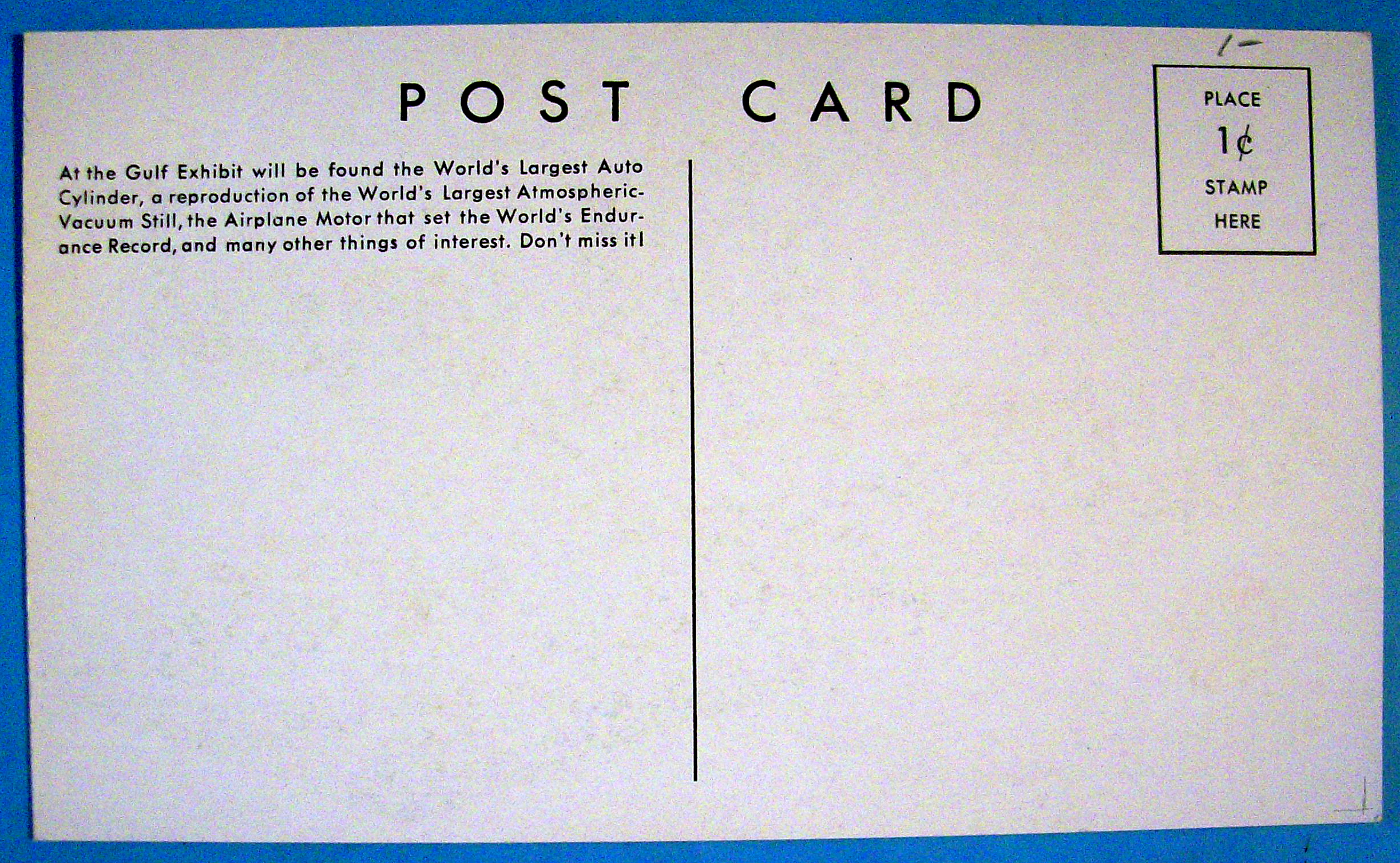 1933 Century of Progress, Gulf Exhibit Postcard
