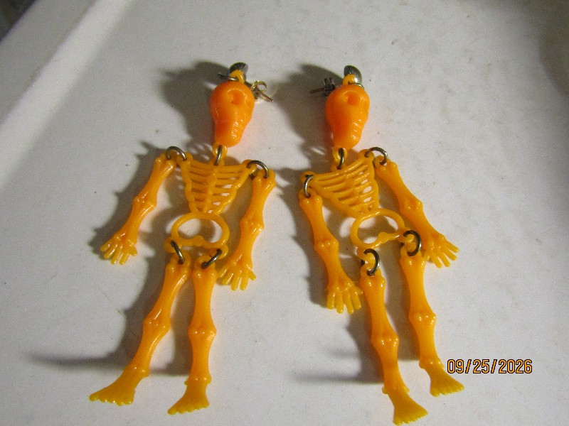 Vintage Orange Plastic Skeleton Dangle Earrings Halloween Novelty Pierced