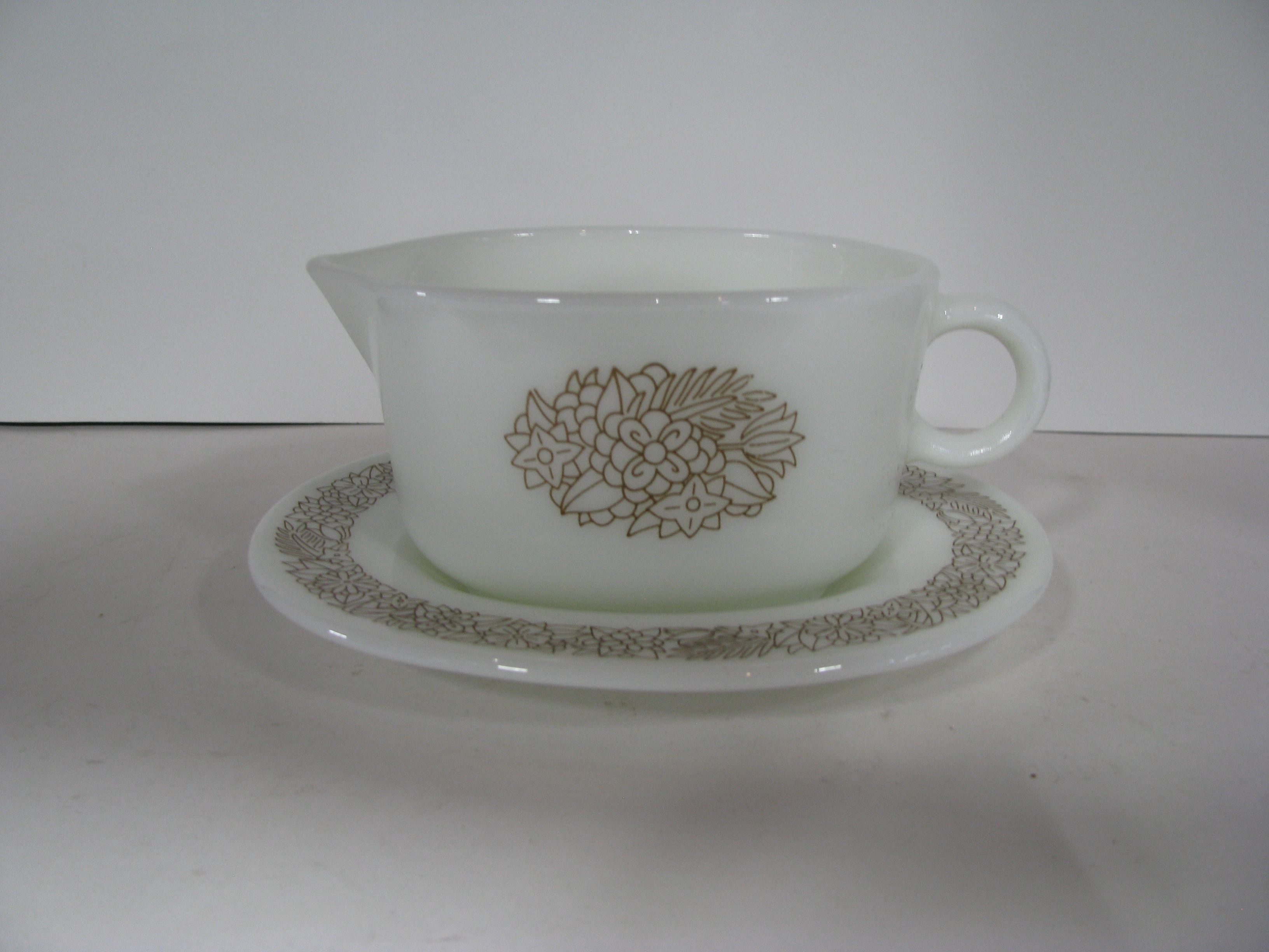 Vintage Pyrex Woodland Brown Gravy Boat and Plate