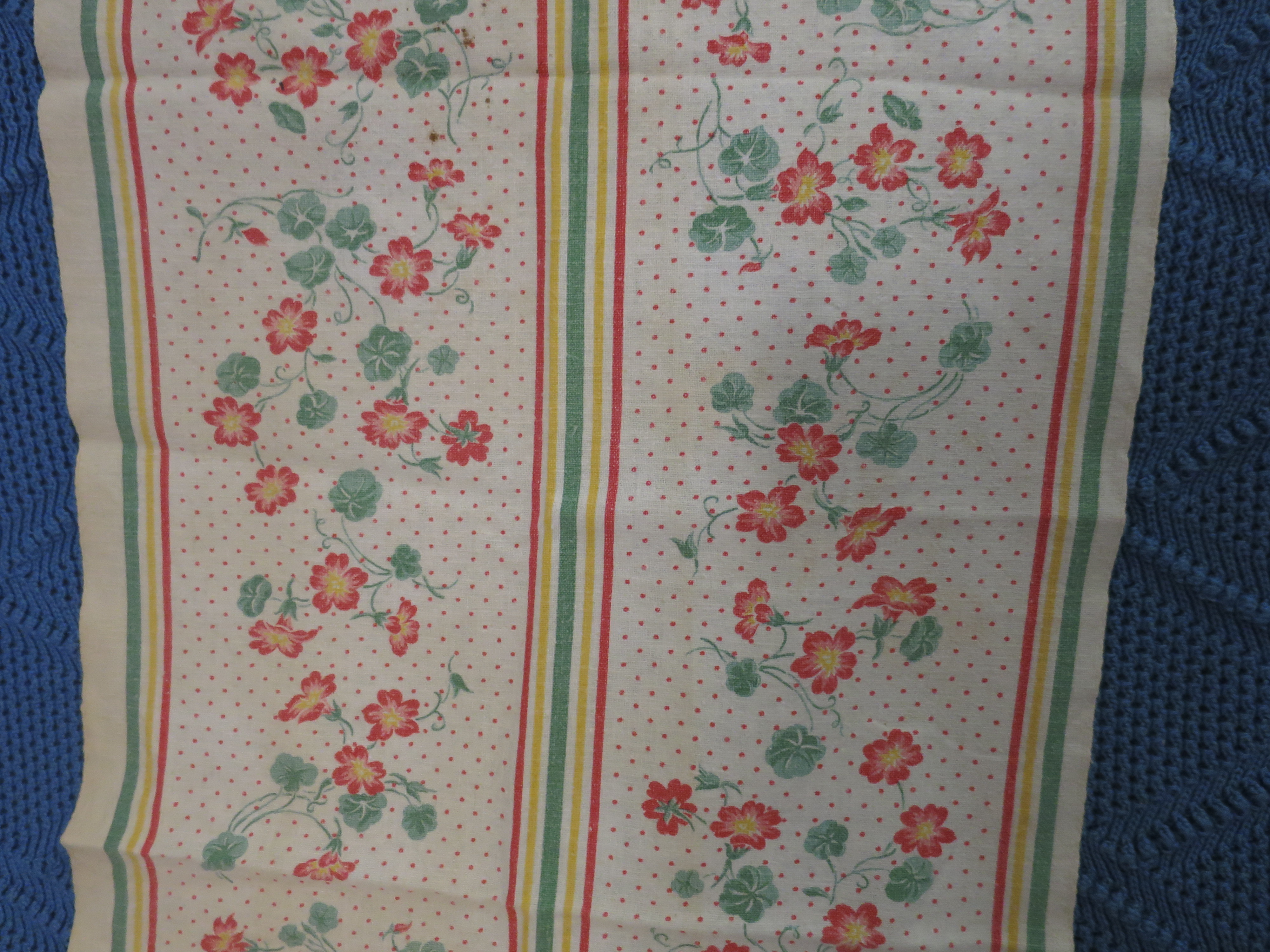Vintage Table Runner Floral Nastursiums Polka Dot Stripes