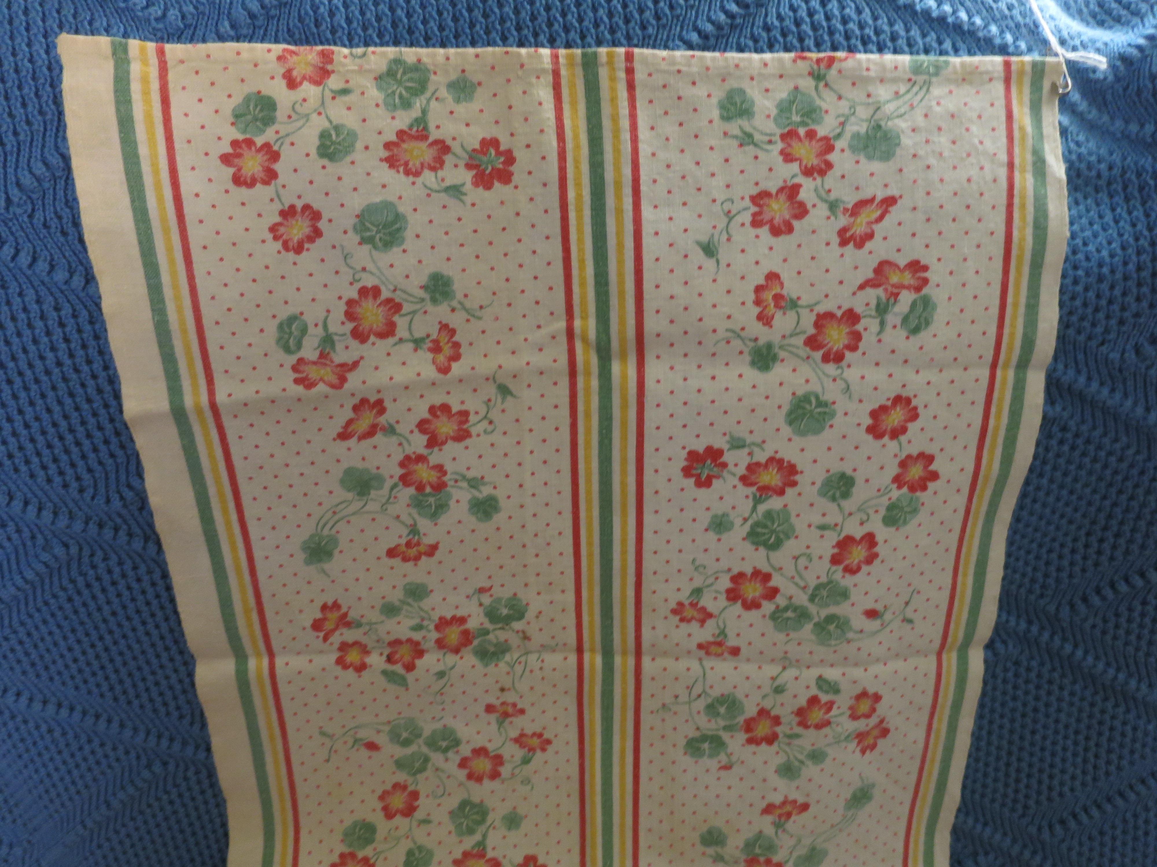 Vintage Table Runner Floral Nastursiums Polka Dot Stripes