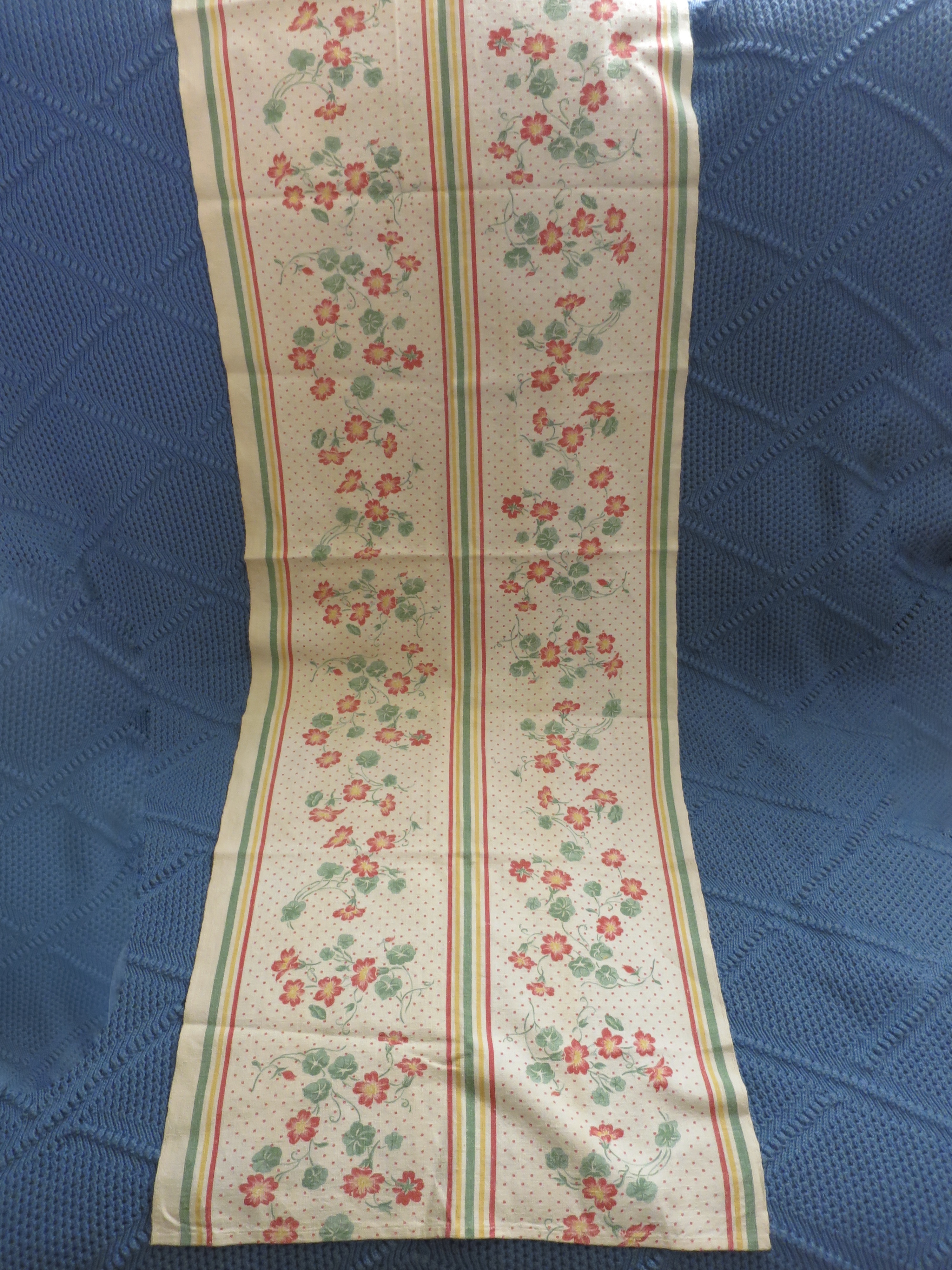 Vintage Table Runner Floral Nastursiums Polka Dot Stripes