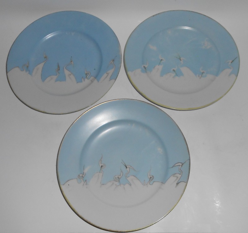 Mitsu-Boshi Shofu Chiharamachi Egrets Porcelain w/Gold Pair Bread Plates