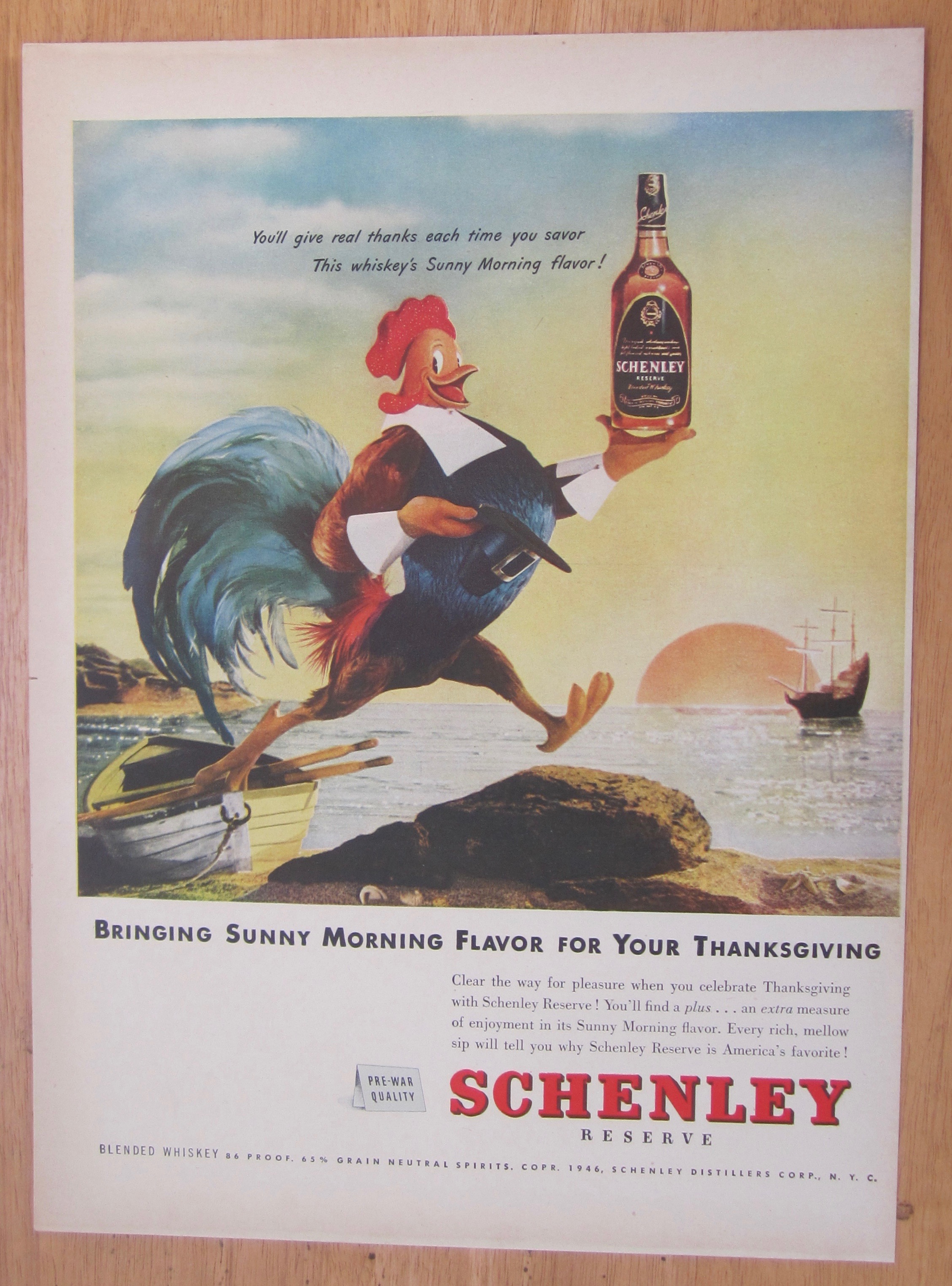 1946 Schenley Whiskey with Rooster Carrying Bottle
