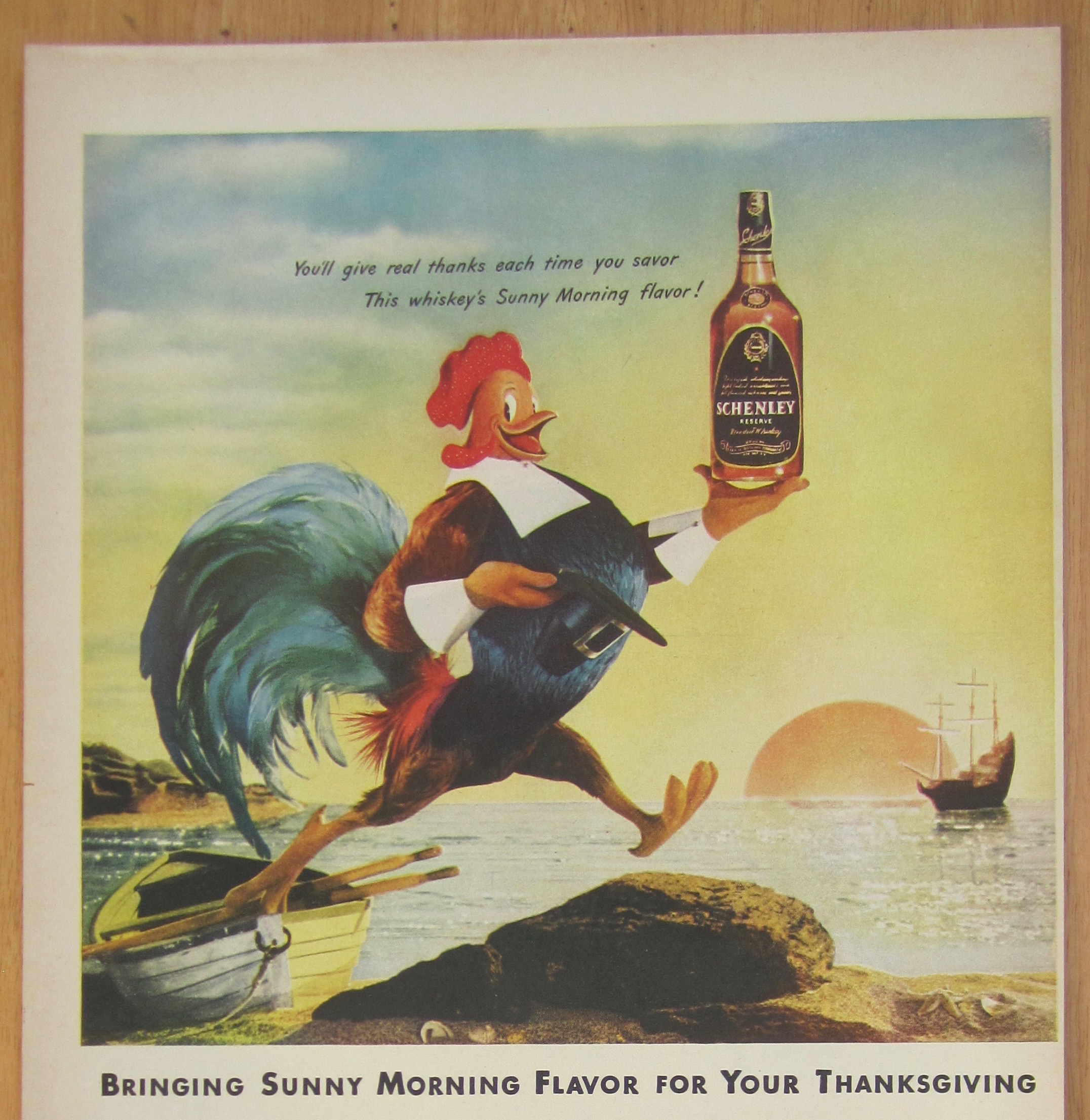 1946 Schenley Whiskey with Rooster Carrying Bottle
